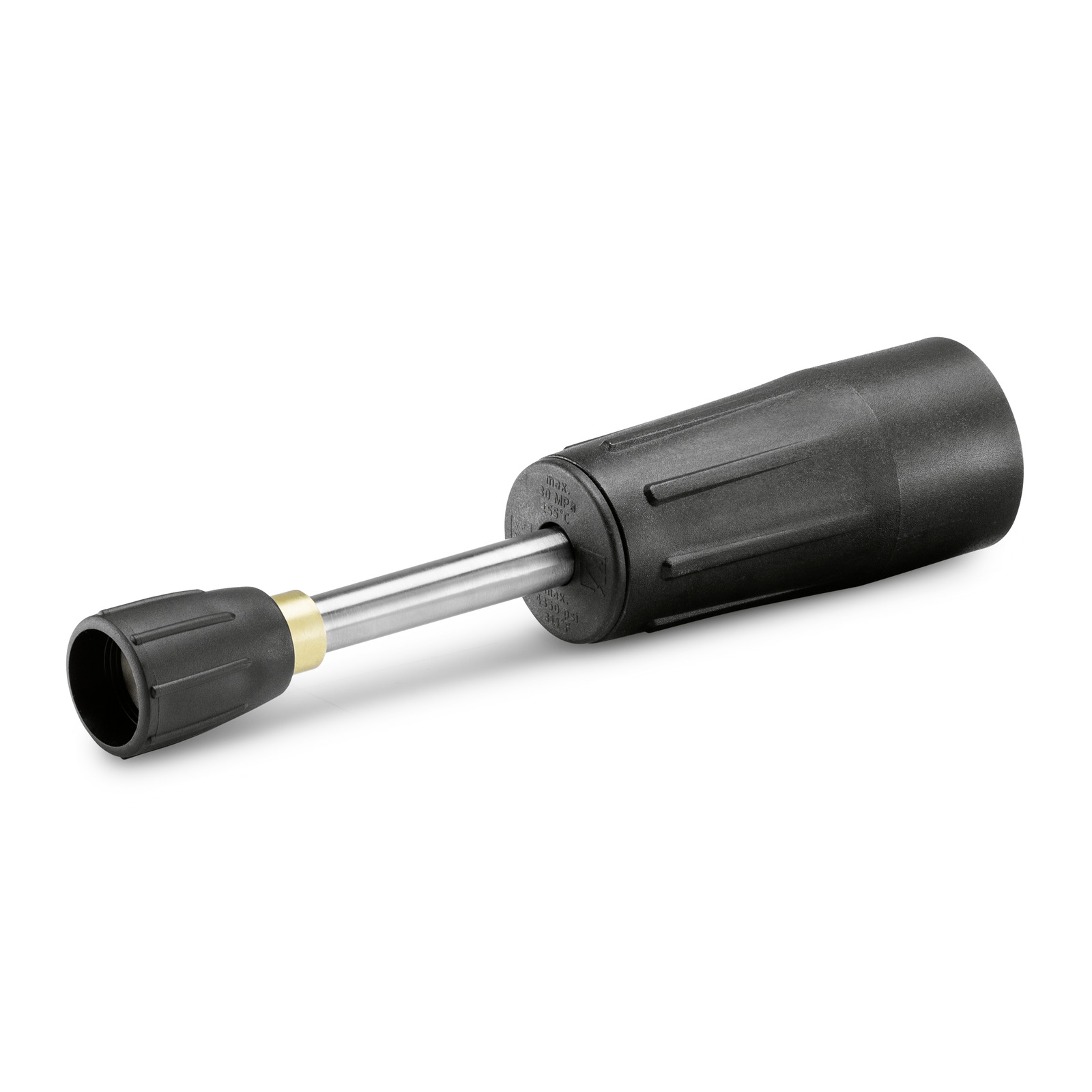 Kärcher high-pressure cleaner nozzle with black plastic casing and metal extension tube, isolated on a white background. Kärcher high-pressure cleaner nozzle with black plastic casing and metal extension tube, isolated on a white background.