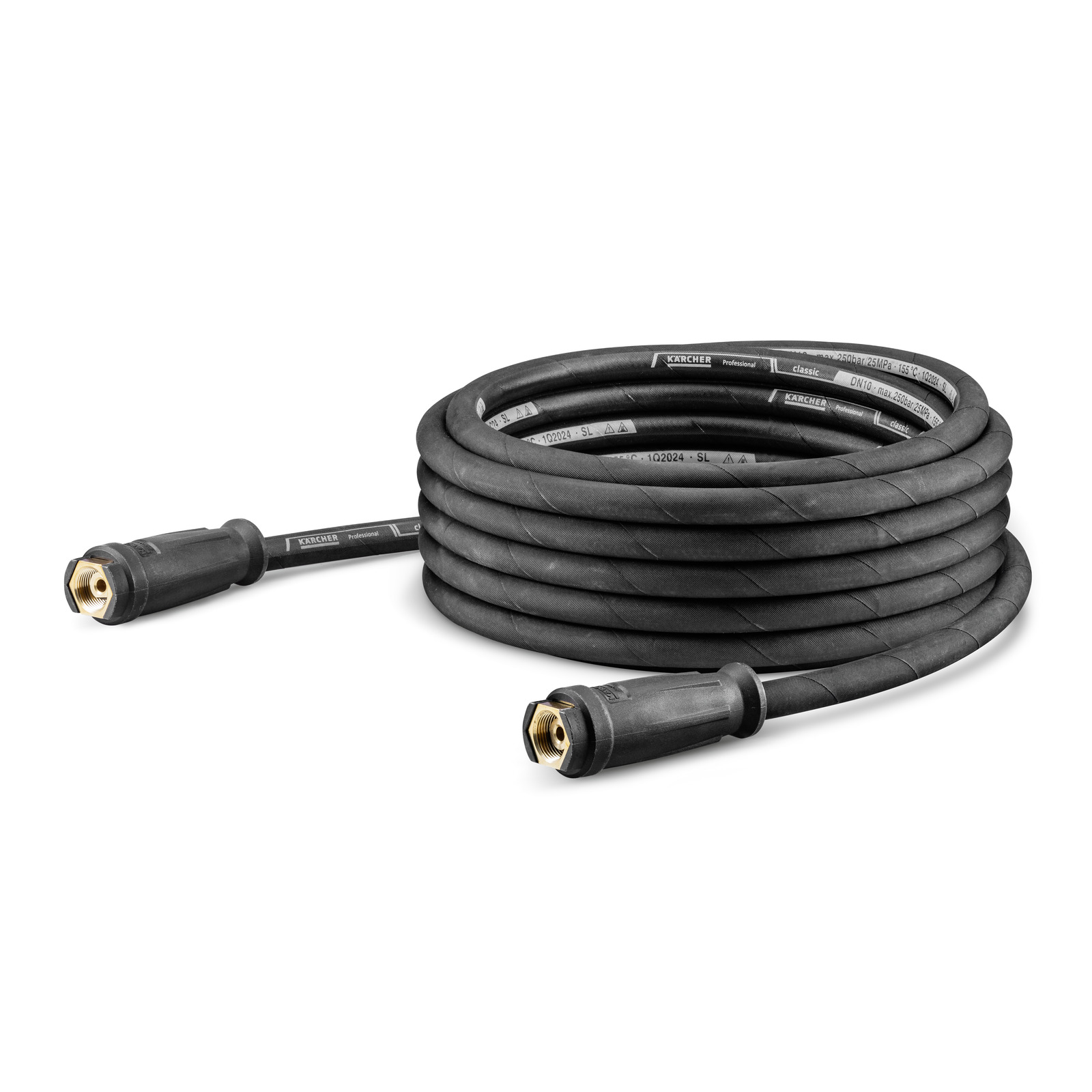 Coiled Kärcher high-pressure hose with brass connectors on a white background. Coiled Kärcher high-pressure hose with brass connectors on a white background.