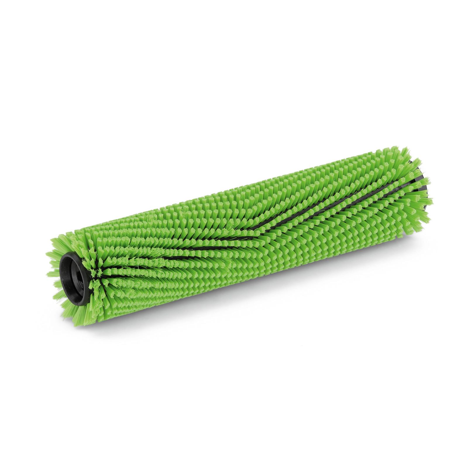 Green cylindrical brush roller with dense bristles and a black central core, positioned diagonally on a white background. Green cylindrical brush roller with dense bristles and a black central core, positioned diagonally on a white background.