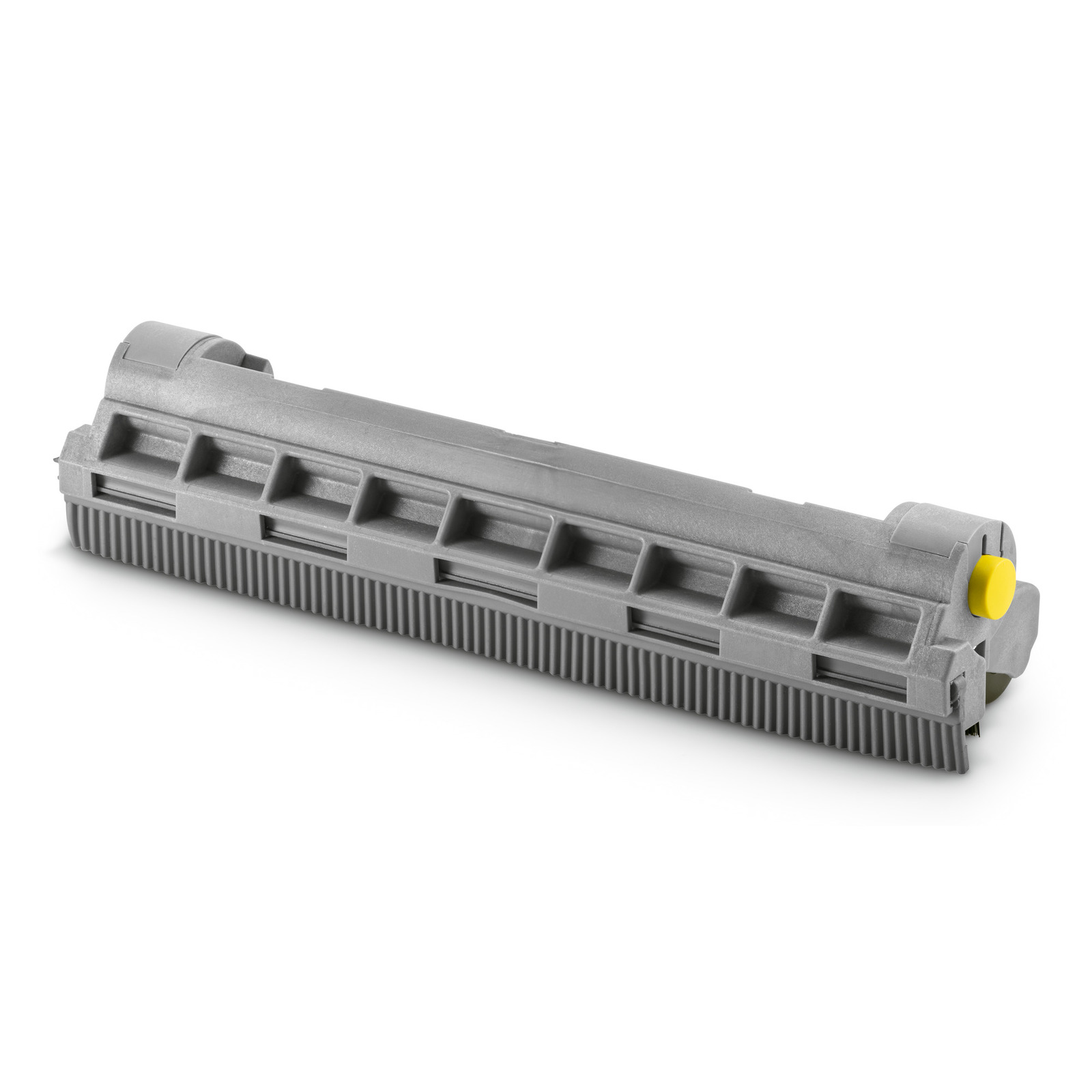 Grey Kärcher roller brush with yellow end cap, featuring ridged bristles and a rectangular shape, isolated on a white background.