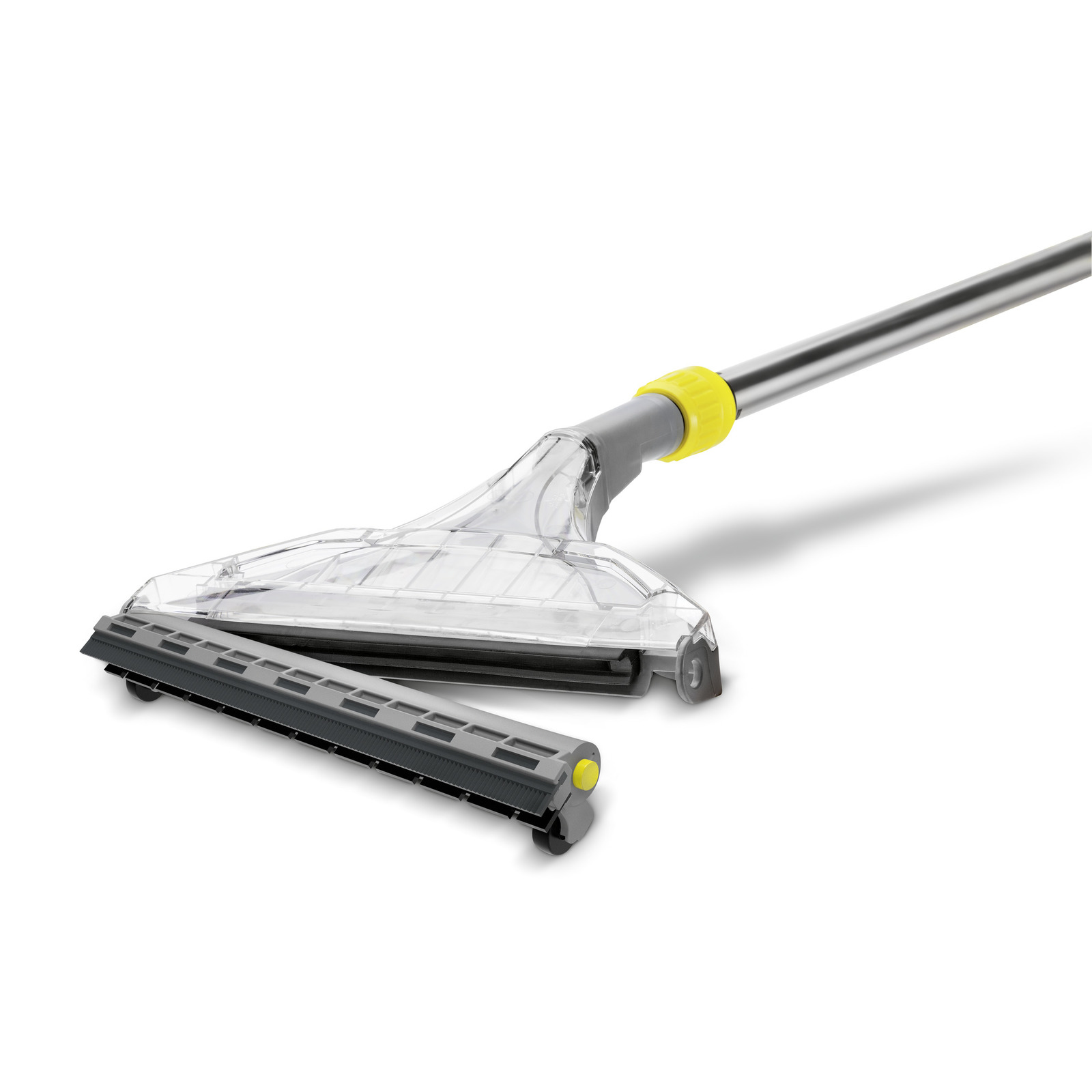 Kärcher hard floor cleaner head with transparent cover and yellow accents, angled view. Kärcher hard floor cleaner head with transparent cover and yellow accents, angled view.