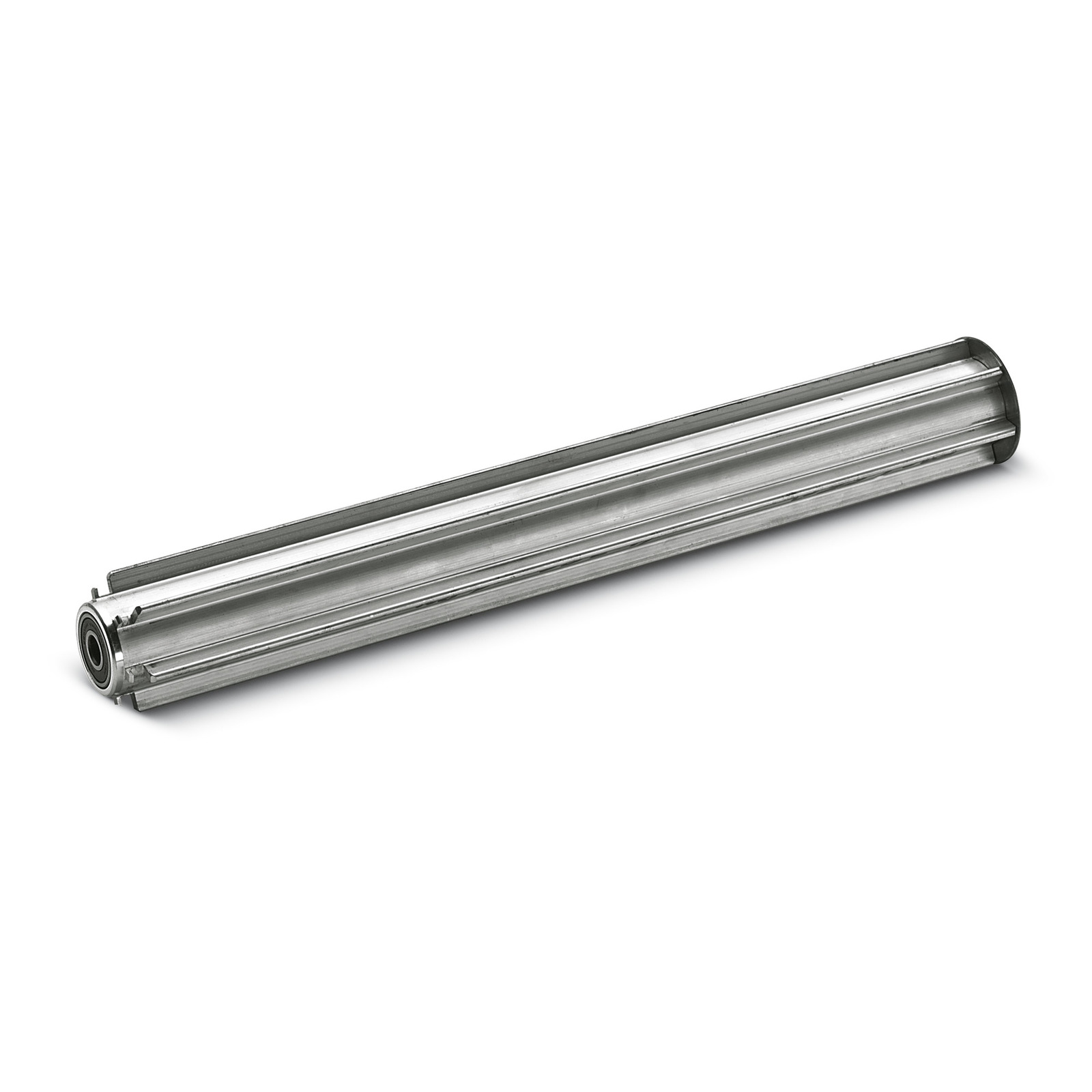 Metal roller brush with cylindrical shape and grooved surface, isolated on a white background.
