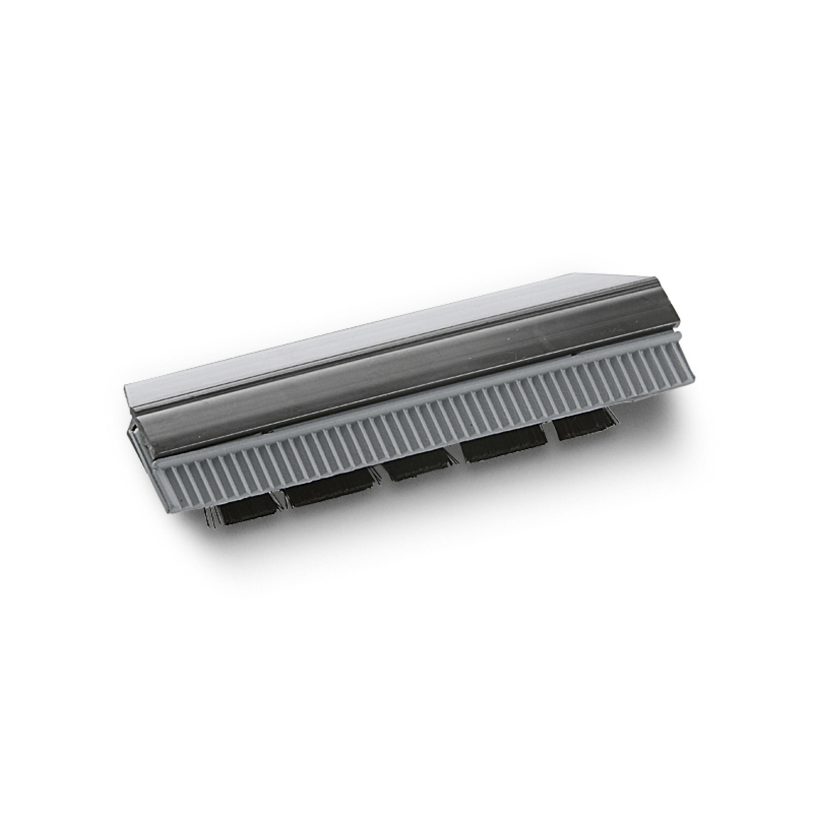 Grey Kärcher brush attachment with bristles, angled view on white background. Grey Kärcher brush attachment with bristles, angled view on white background.