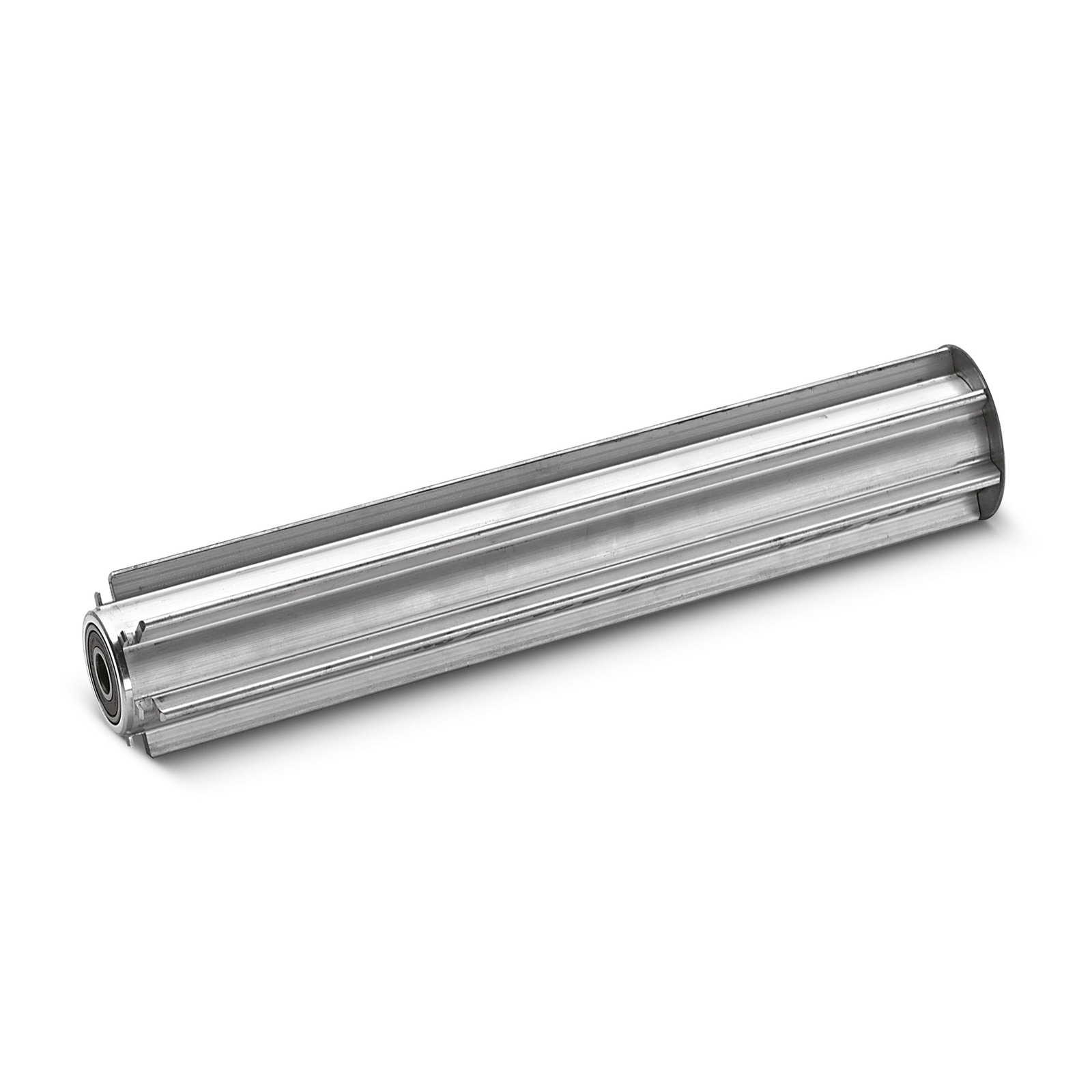Metal roller brush with cylindrical shape and grooves, resting on a white background. Metal roller brush with cylindrical shape and grooves, resting on a white background.