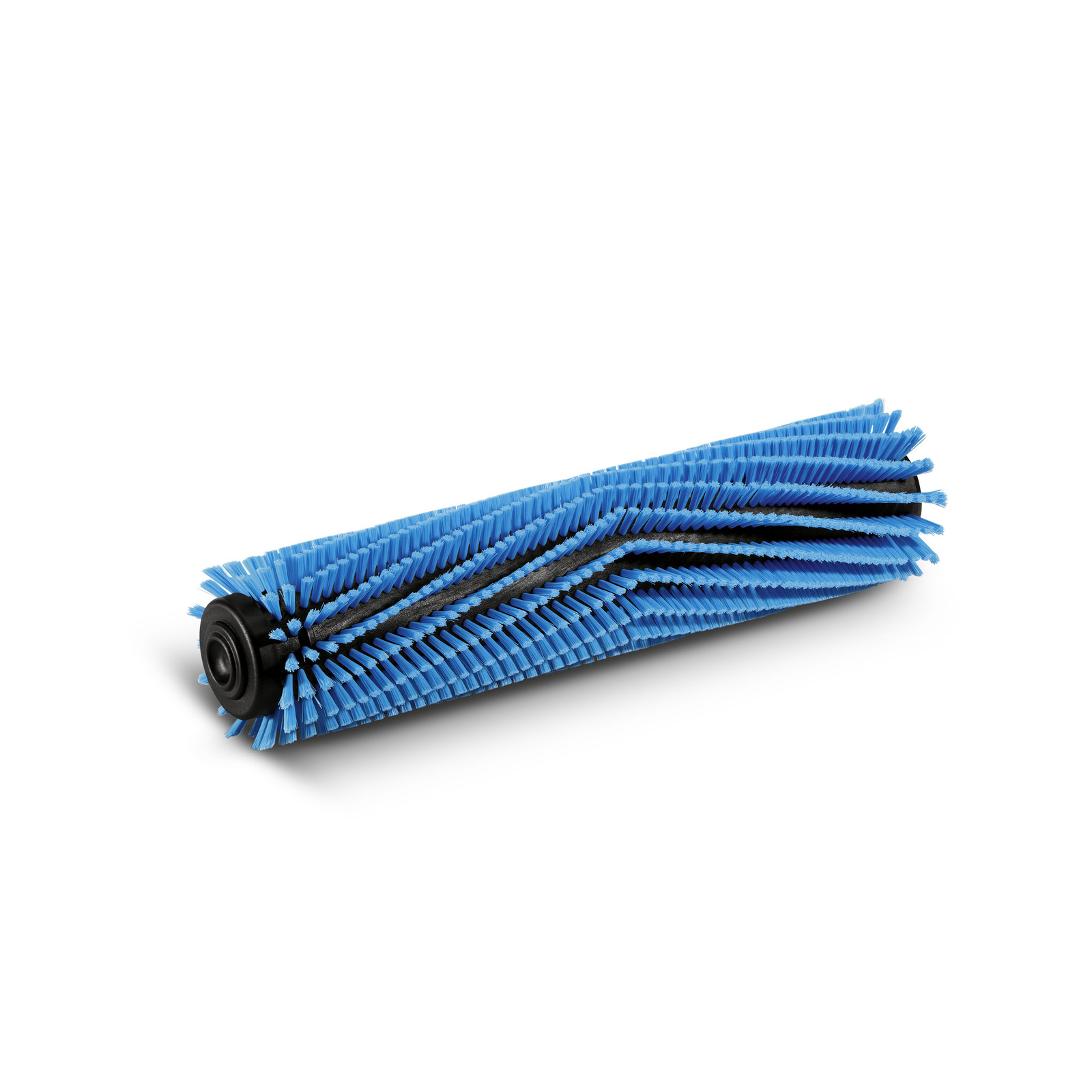 Blue cylindrical brush with dense bristles and black core, angled on a white background.
