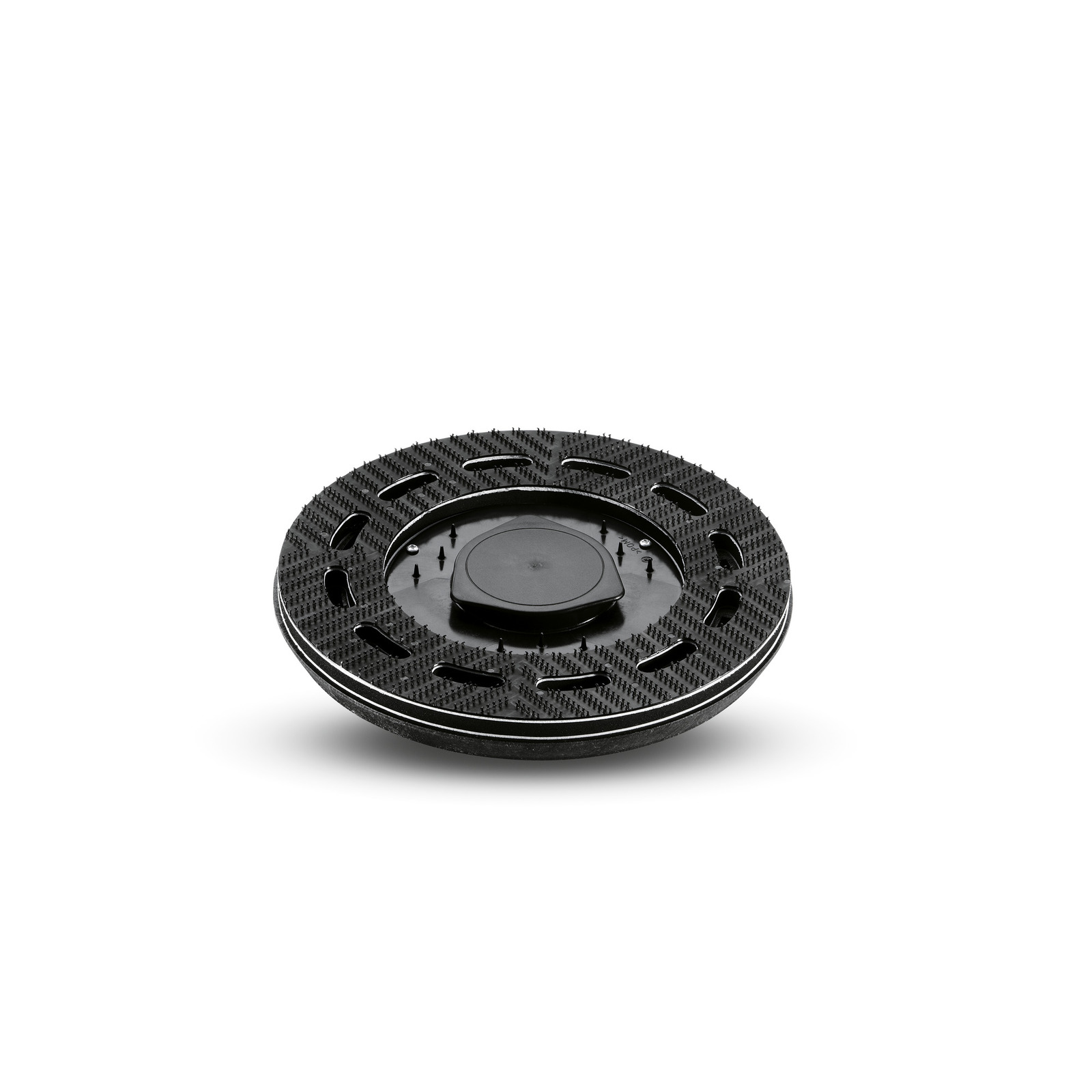 Black Kärcher floor cleaning disc with textured surface and central mounting hub, isolated on a white background.
