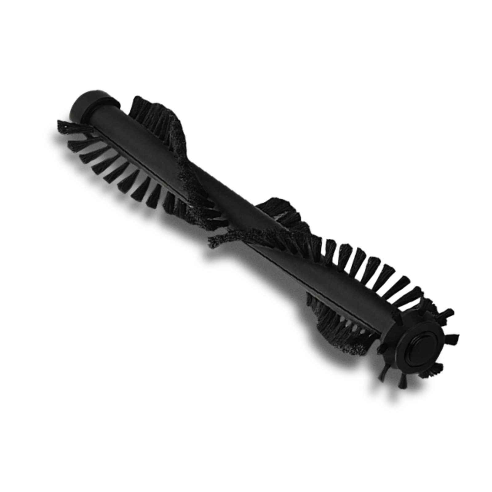 Black cylindrical brush roller with bristles arranged in a spiral pattern, designed for cleaning applications. Black cylindrical brush roller with bristles arranged in a spiral pattern, designed for cleaning applications.
