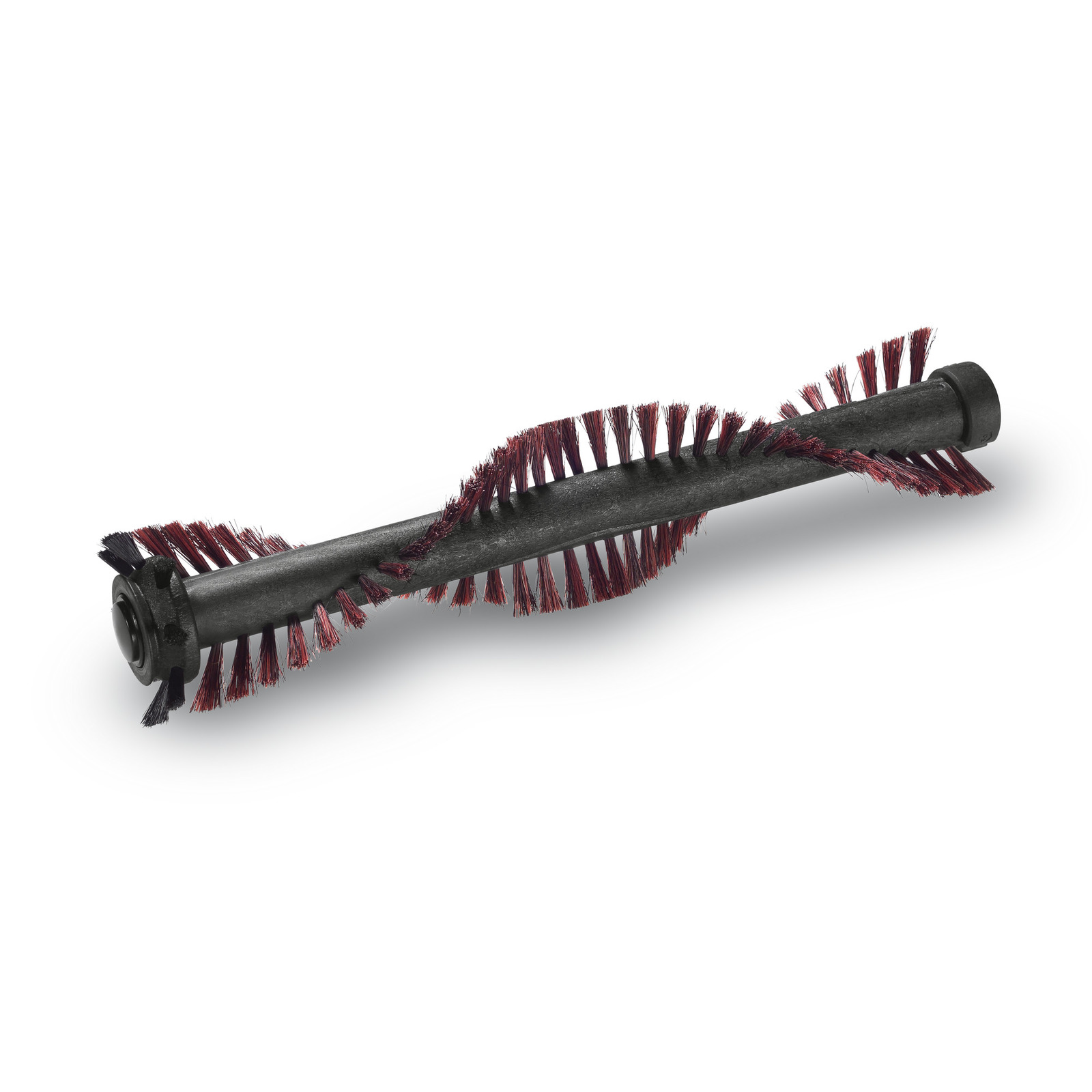 Black cylindrical brush roller with red bristles spirally arranged around it, isolated on a white background.