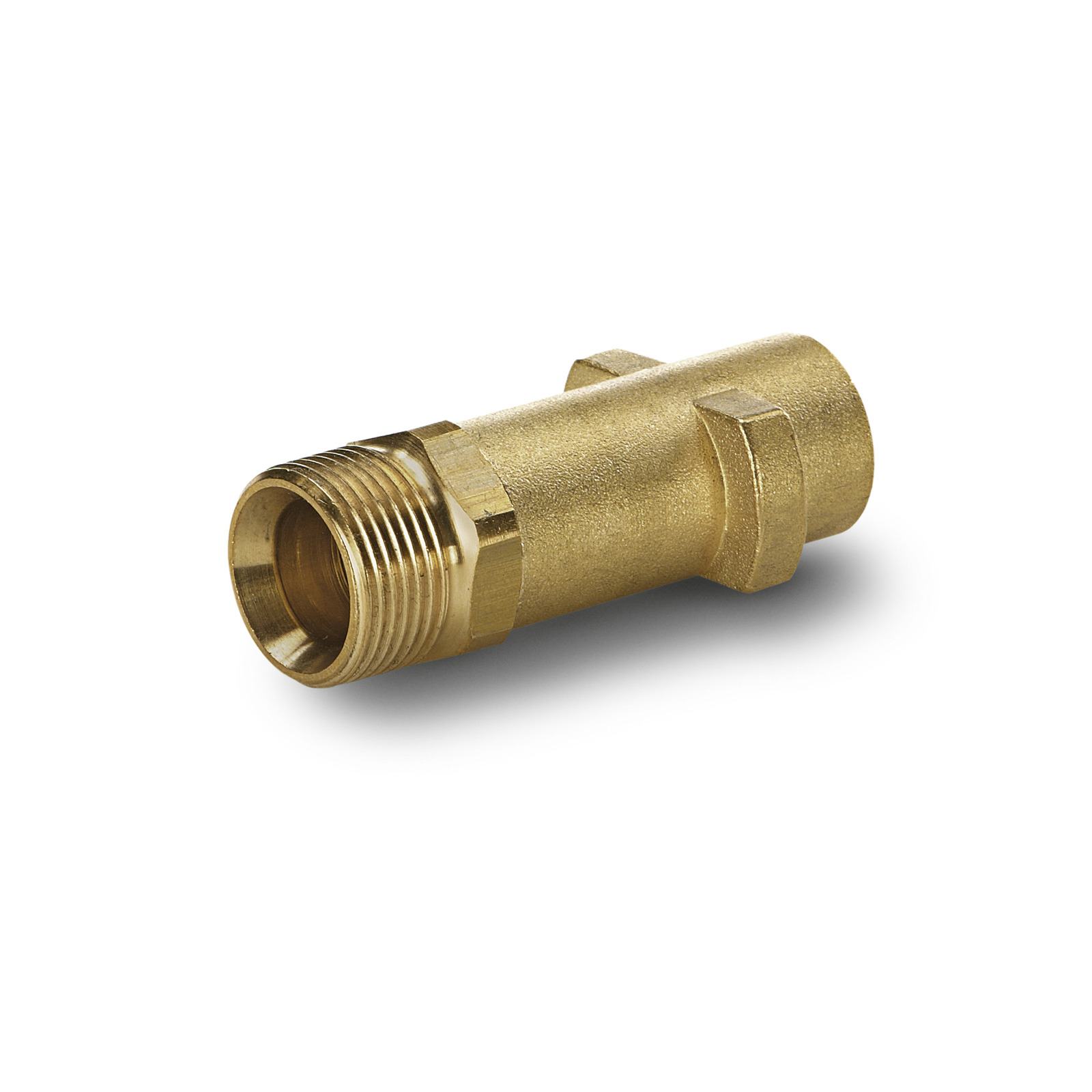 Brass connector with threaded end, cylindrical shape, and hexagonal section for grip, isolated on white background. Brass connector with threaded end, cylindrical shape, and hexagonal section for grip, isolated on white background.