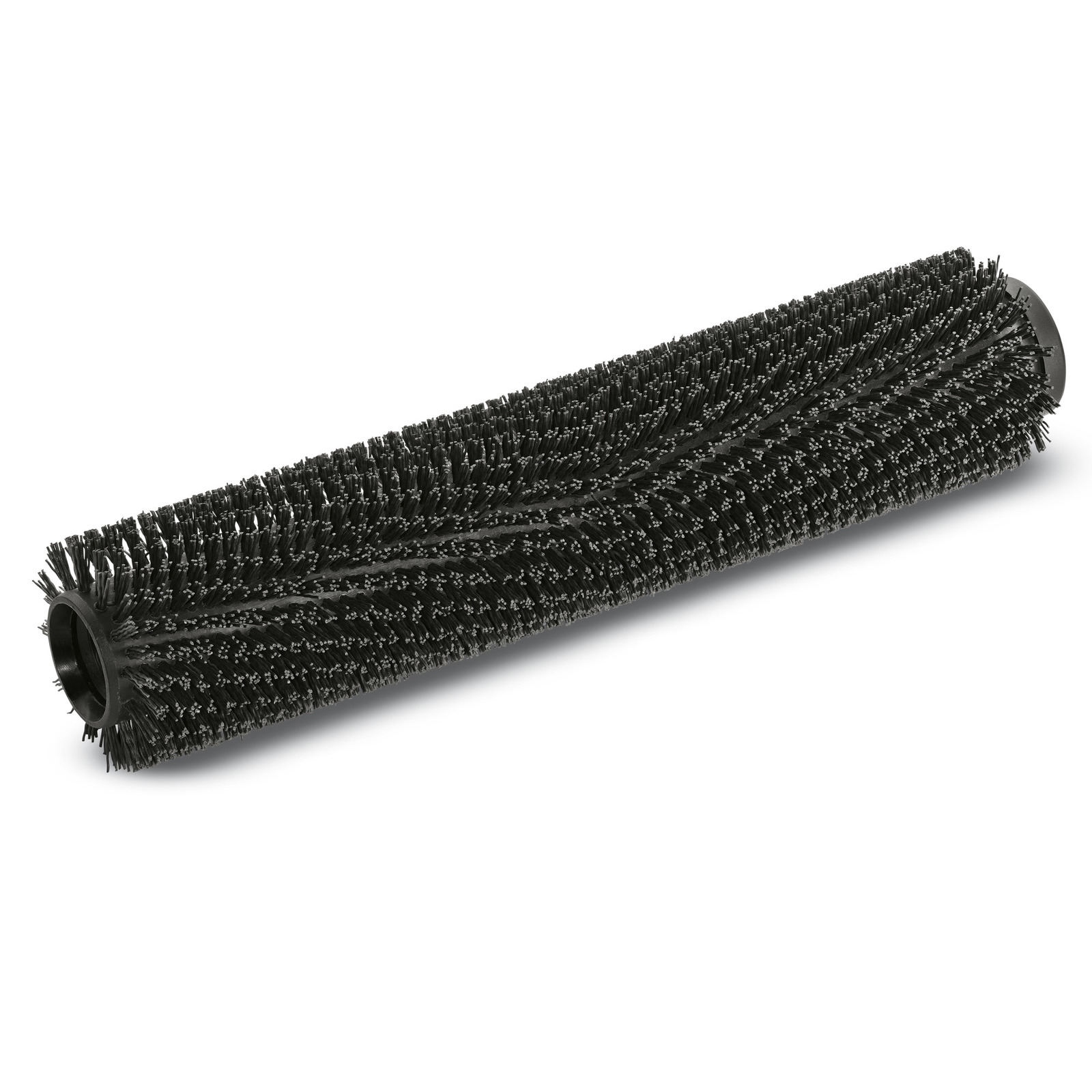 Black cylindrical brush roller with dense bristles, designed for cleaning equipment.