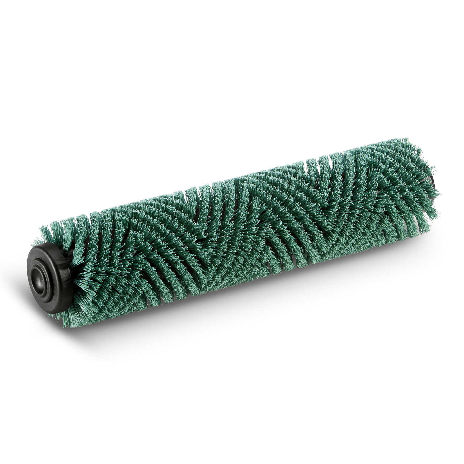 Green cylindrical brush with dense bristles and black end caps, positioned horizontally on a white background.