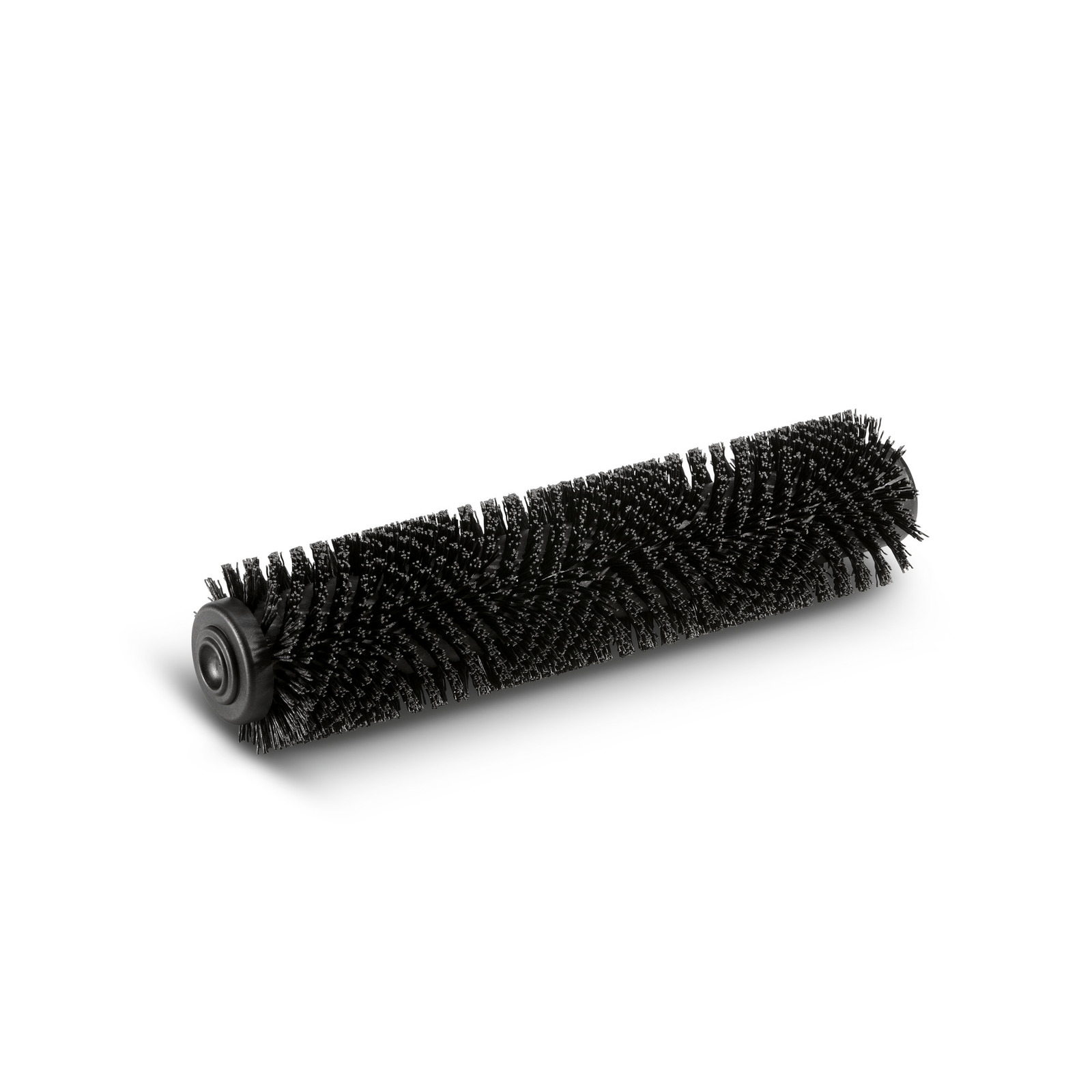 Black cylindrical brush roller with dense bristles, set against a white background.