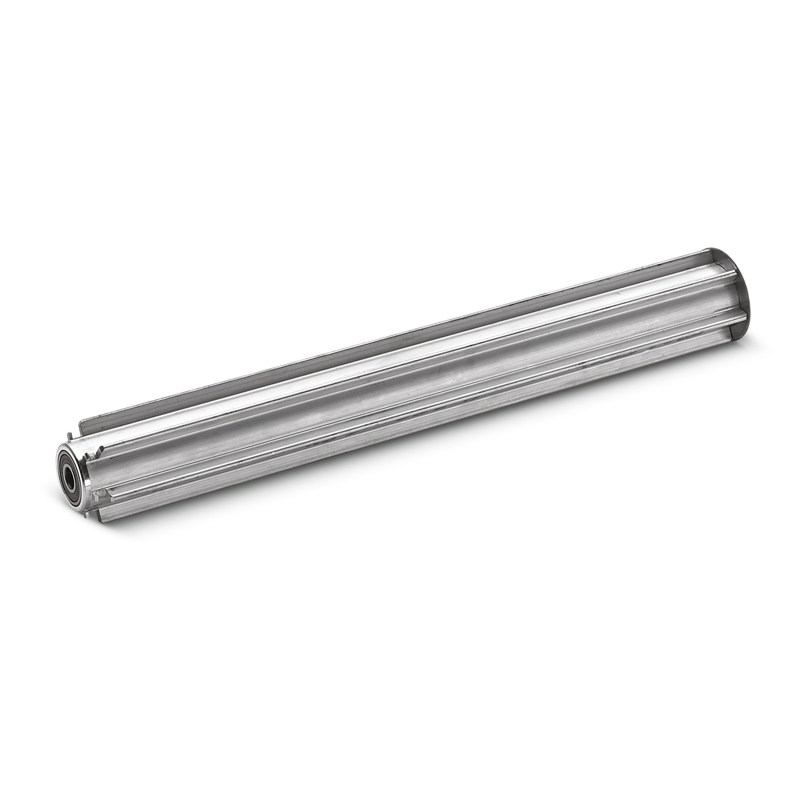 Metal roller brush with cylindrical shape and visible bearings on a white background.