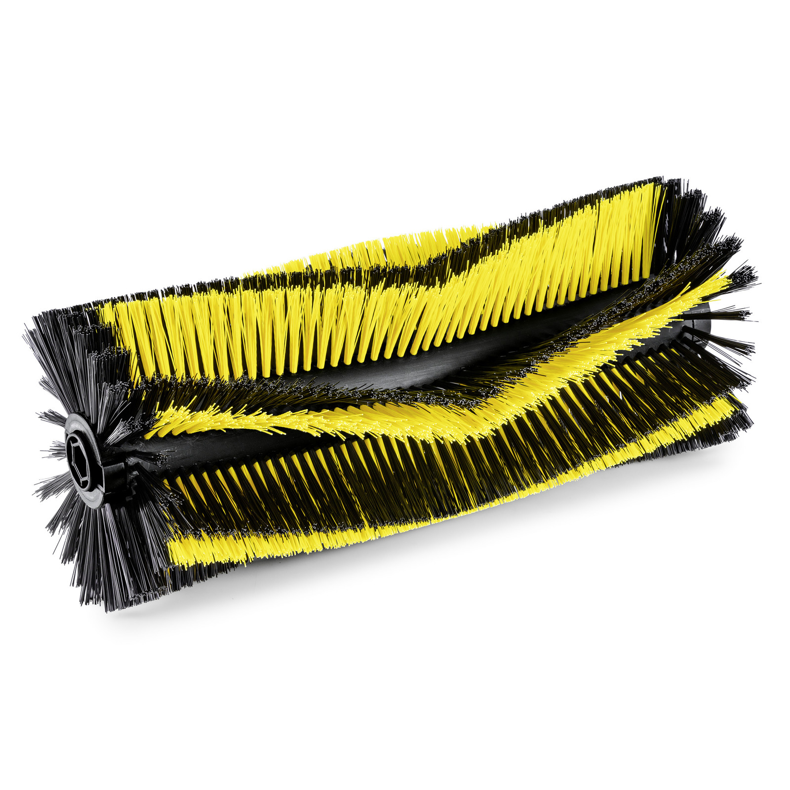 Yellow and black cylindrical brush with bristles, designed for cleaning equipment, shown on a white background. Yellow and black cylindrical brush with bristles, designed for cleaning equipment, shown on a white background.