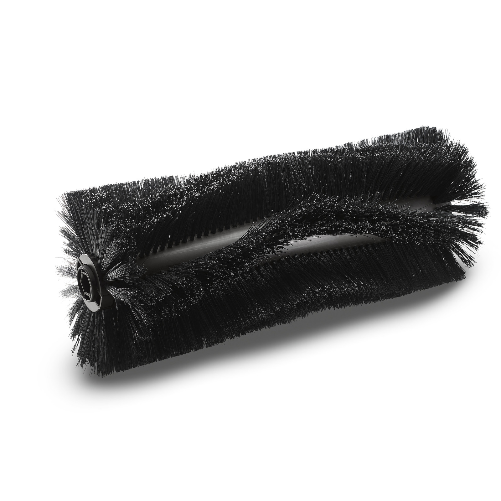 Black cylindrical brush with dense bristles, featuring a hexagonal connector at one end, set against a white background. Black cylindrical brush with dense bristles, featuring a hexagonal connector at one end, set against a white background.