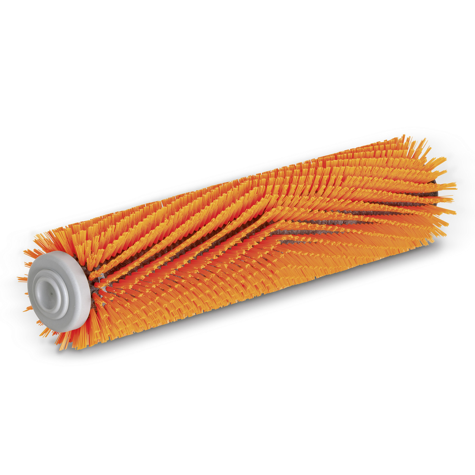 Orange cylindrical brush roller with dense bristles and grey end caps, designed for cleaning equipment.