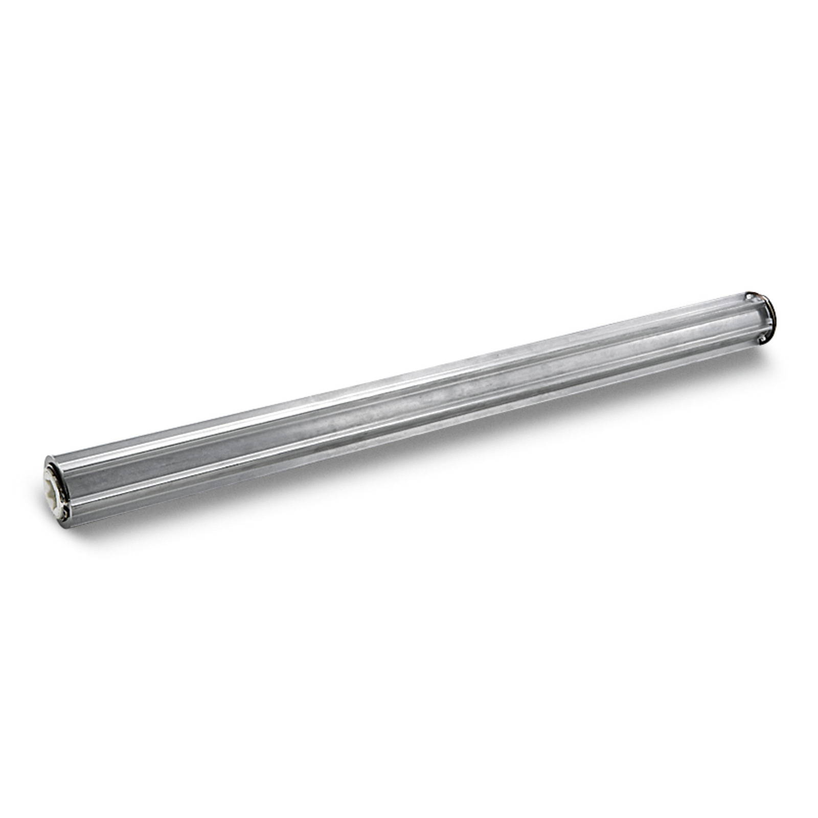 Silver cylindrical roller brush with grooved surface, viewed against a plain white background. Silver cylindrical roller brush with grooved surface, viewed against a plain white background.