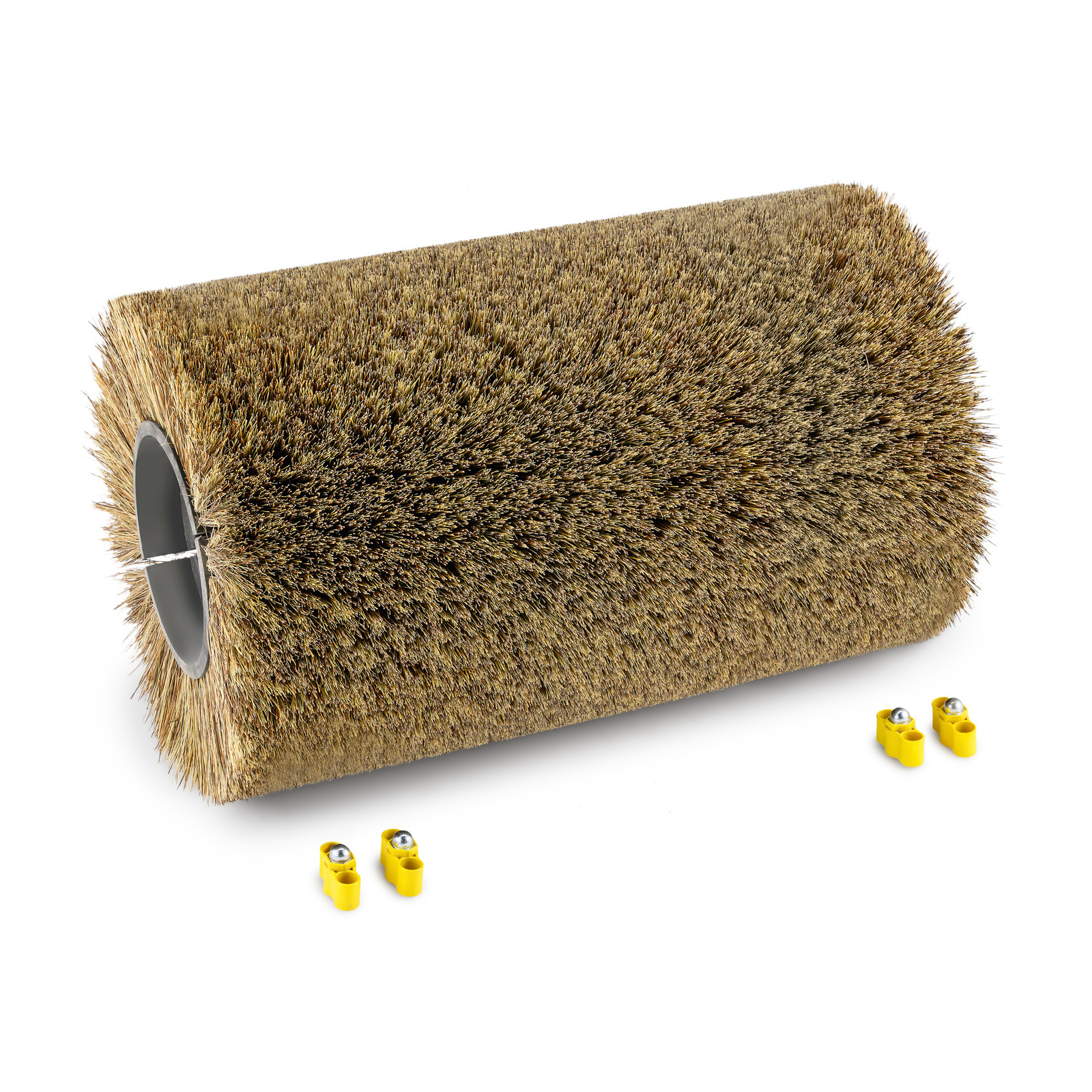 Large cylindrical brush with dense bristles, accompanied by four small yellow connectors on a white background.