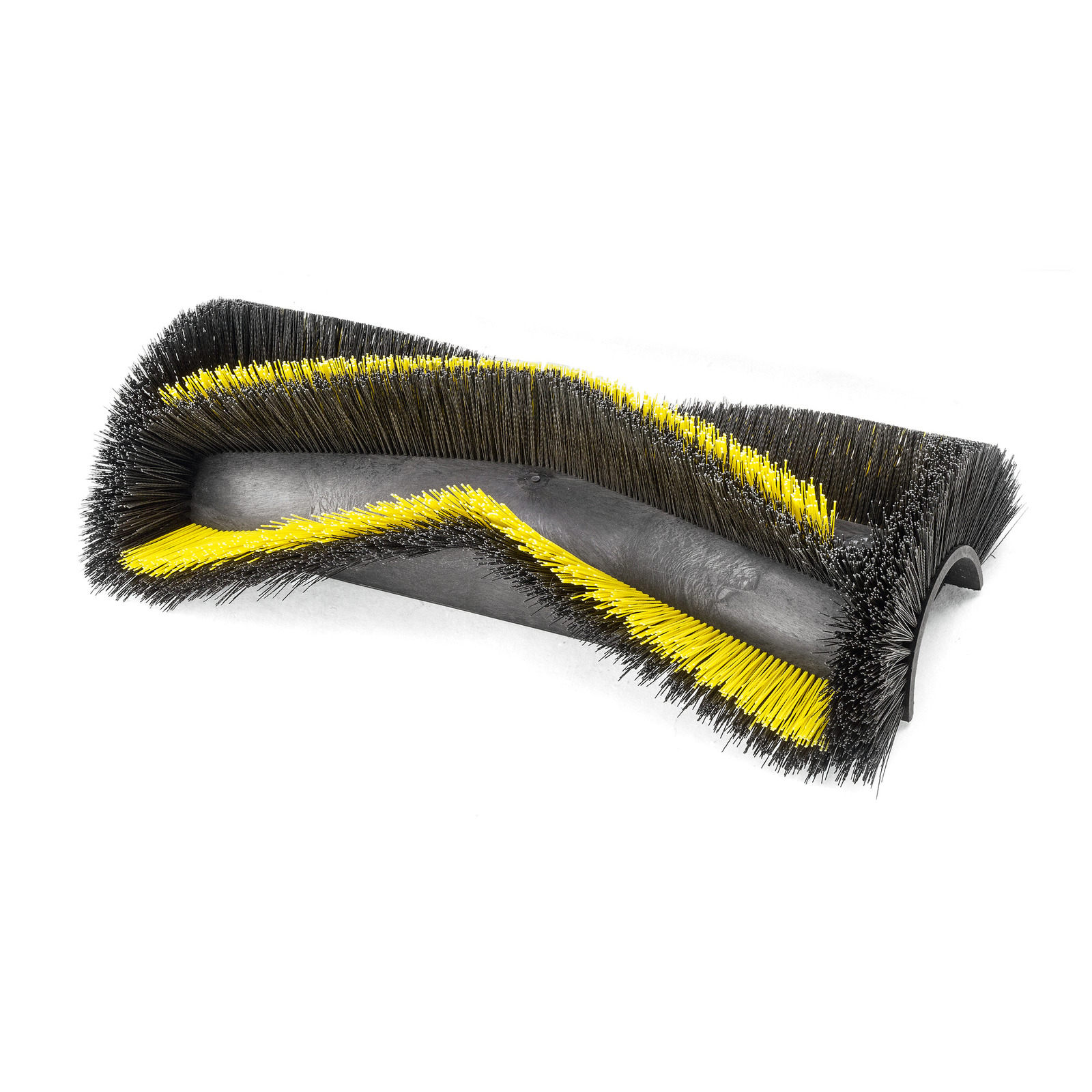 Black and yellow cylindrical brush with dense bristles, designed for cleaning equipment.
