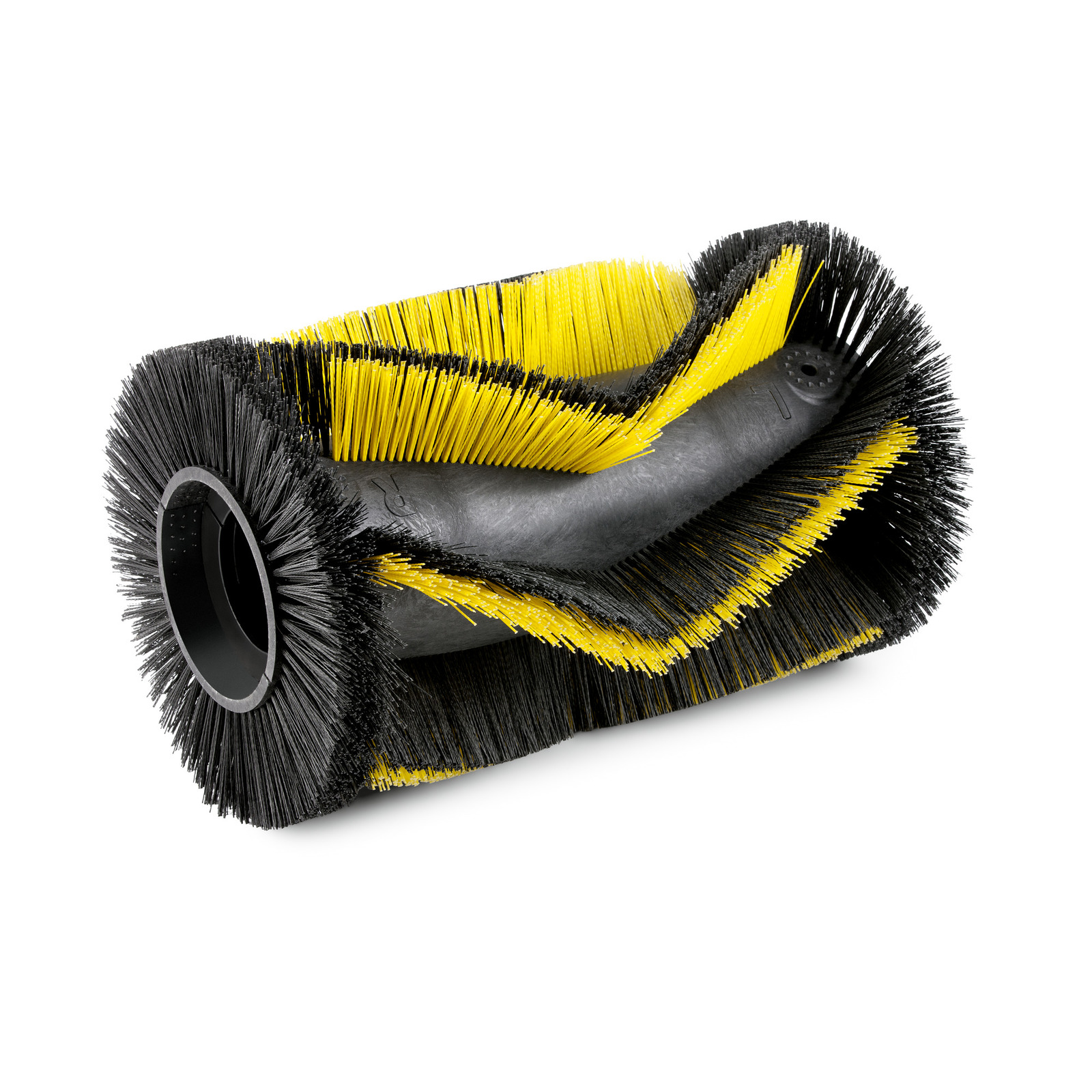 Black and yellow cylindrical brush with dense bristles, designed for cleaning equipment.
