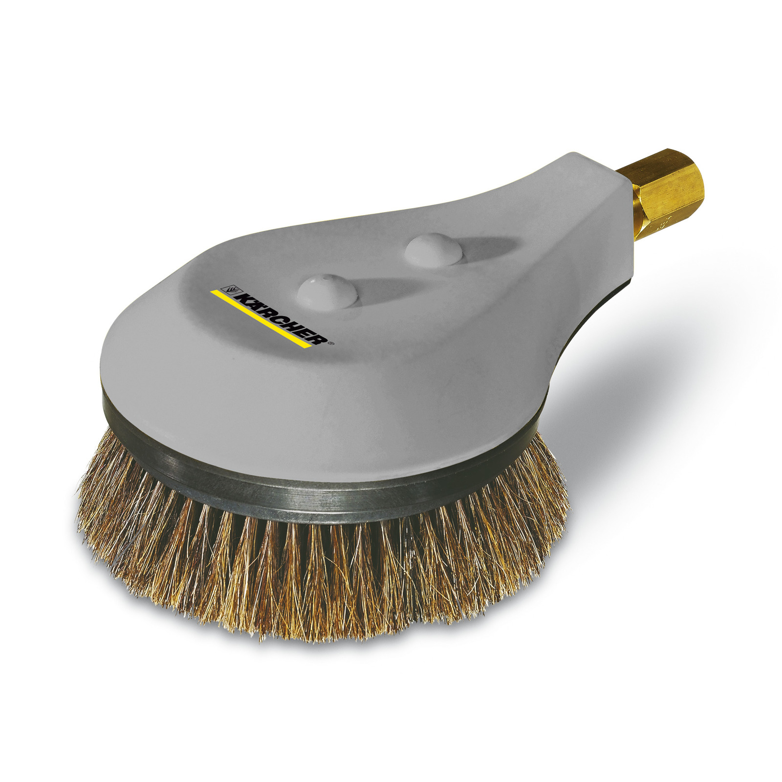 Kärcher rotating wash brush with grey plastic housing and brass bristles, featuring a brass connector. Kärcher rotating wash brush with grey plastic housing and brass bristles, featuring a brass connector.