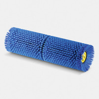 Blue cylindrical brush roller with dense bristles and a yellow core, placed on a white background.