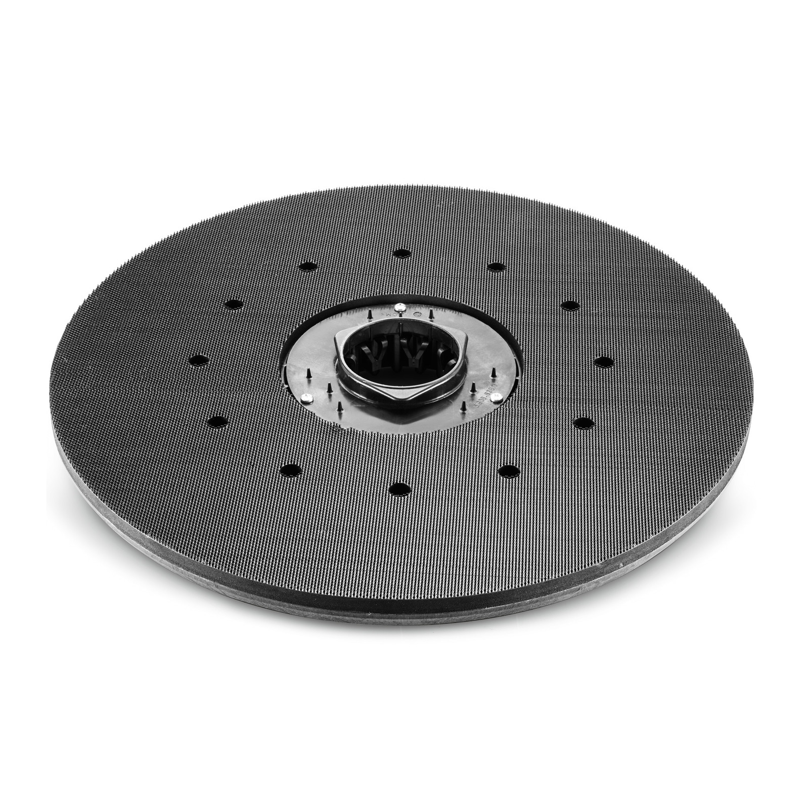 Circular black pad with textured surface and central attachment hub, featuring small holes evenly distributed across the pad.