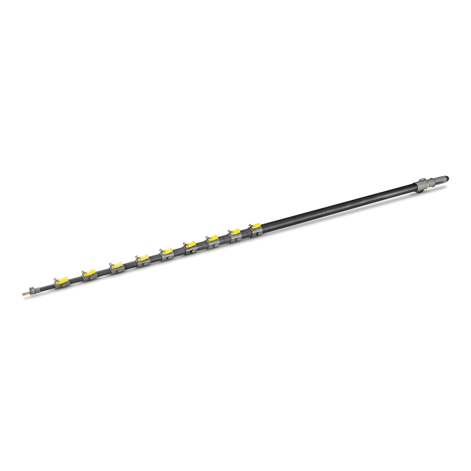 Kärcher telescopic lance with multiple adjustable sections and yellow clips, set against a white background. Kärcher telescopic lance with multiple adjustable sections and yellow clips, set against a white background.
