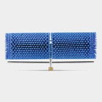 Blue cylindrical brush with dense bristles mounted on a metal frame against a plain white background.