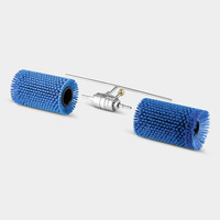 Two blue cylindrical brush rollers and a metal component on a white background.