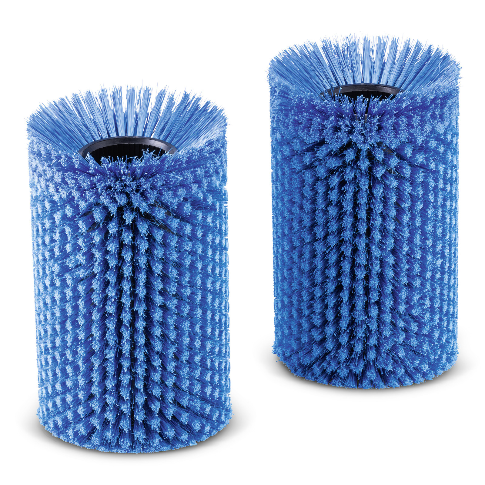 Two cylindrical blue brushes with dense bristles, standing upright on a white background.