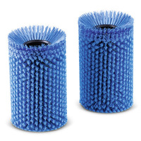 Two cylindrical blue brushes with dense bristles, standing upright on a white background.