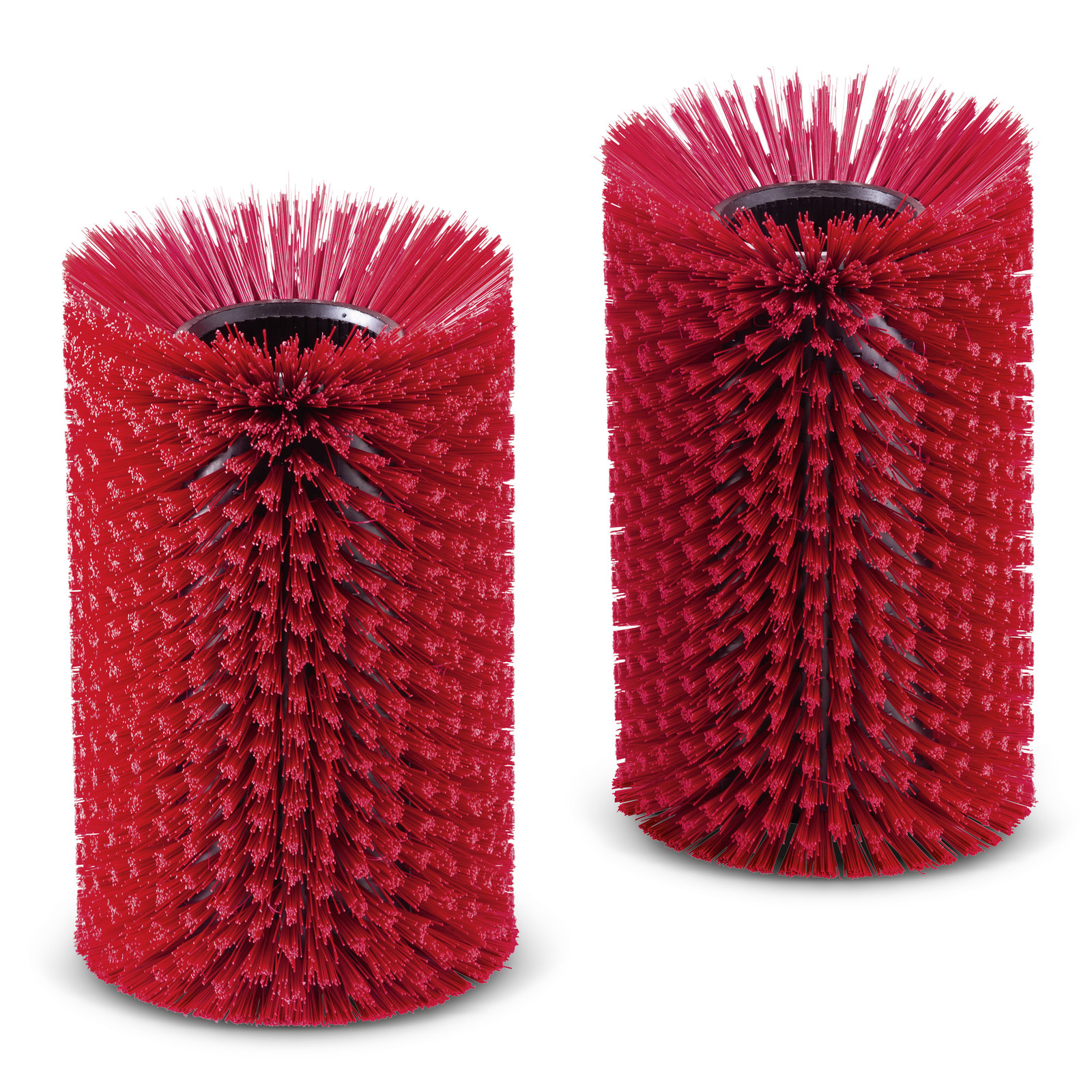 Two cylindrical red brush rollers with dense bristles, standing upright on a white background.