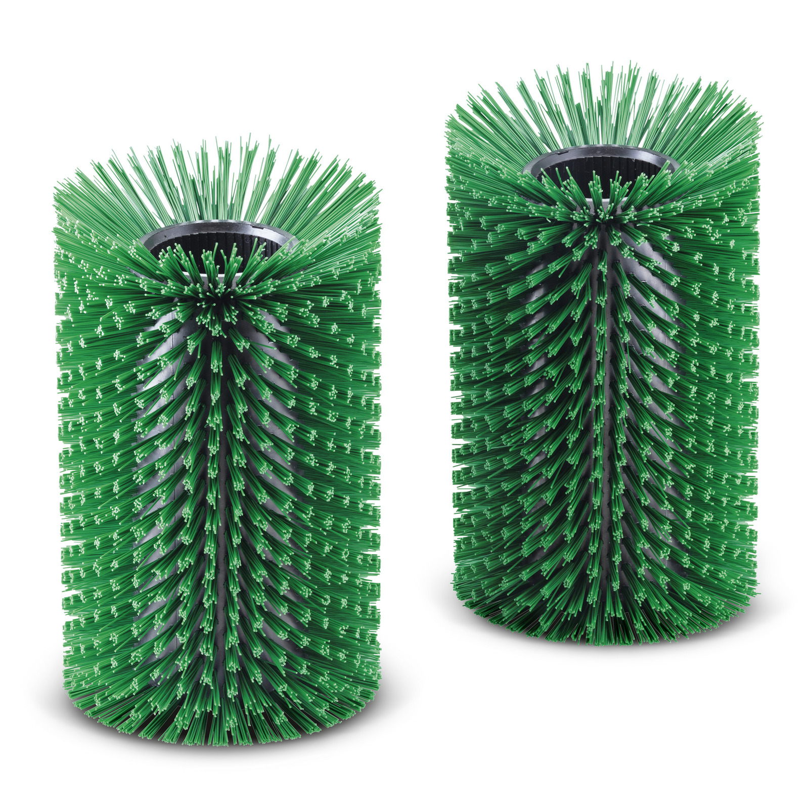 Two cylindrical green brush rollers with dense bristles, standing upright on a white background.