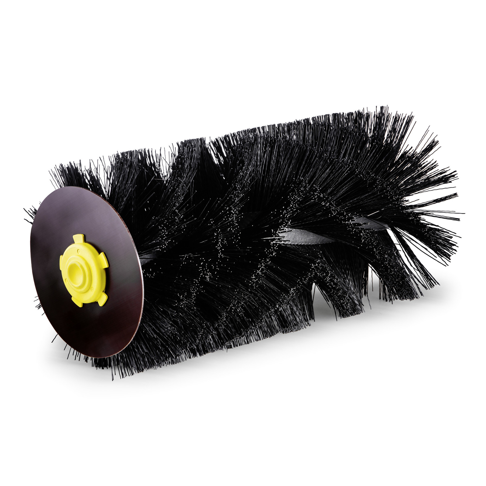 Black cylindrical brush with dense bristles and a yellow central hub, designed for cleaning equipment. Black cylindrical brush with dense bristles and a yellow central hub, designed for cleaning equipment.