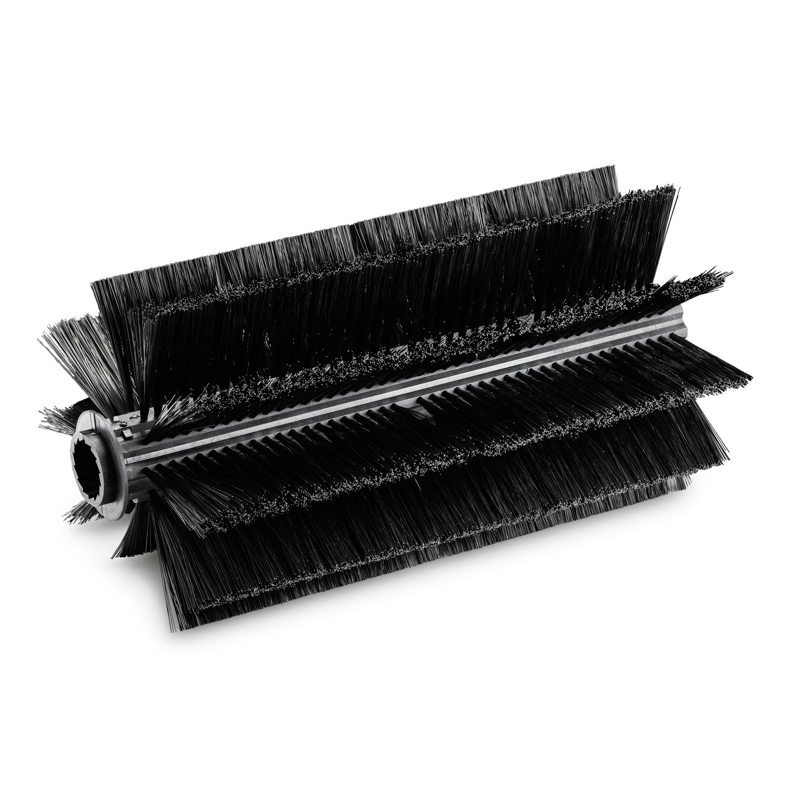 Black cylindrical brush with dense bristles, featuring a central metal rod for attachment.