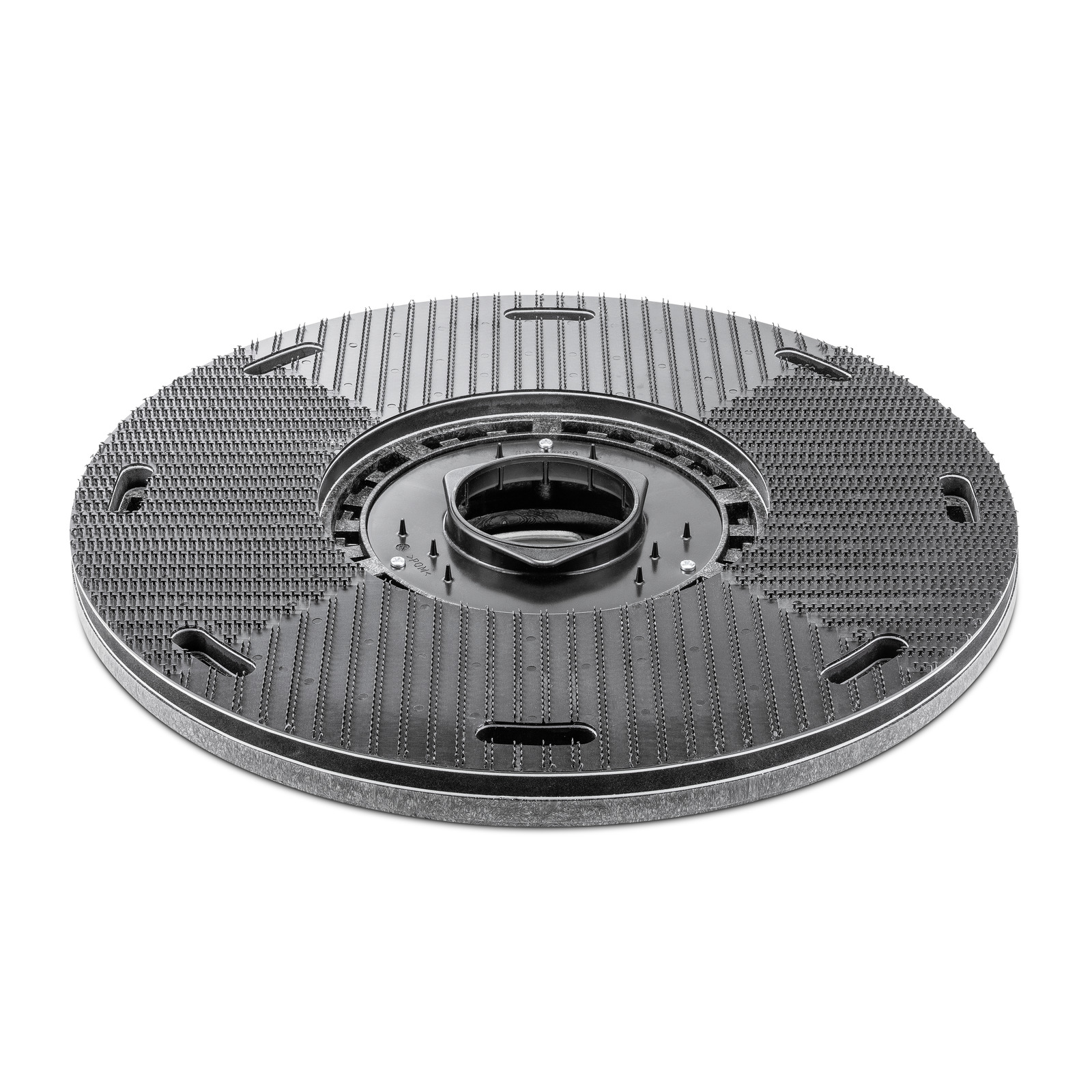 Black Kärcher floor cleaning disc with textured surface and central mounting hub, shown on a white background. Black Kärcher floor cleaning disc with textured surface and central mounting hub, shown on a white background.