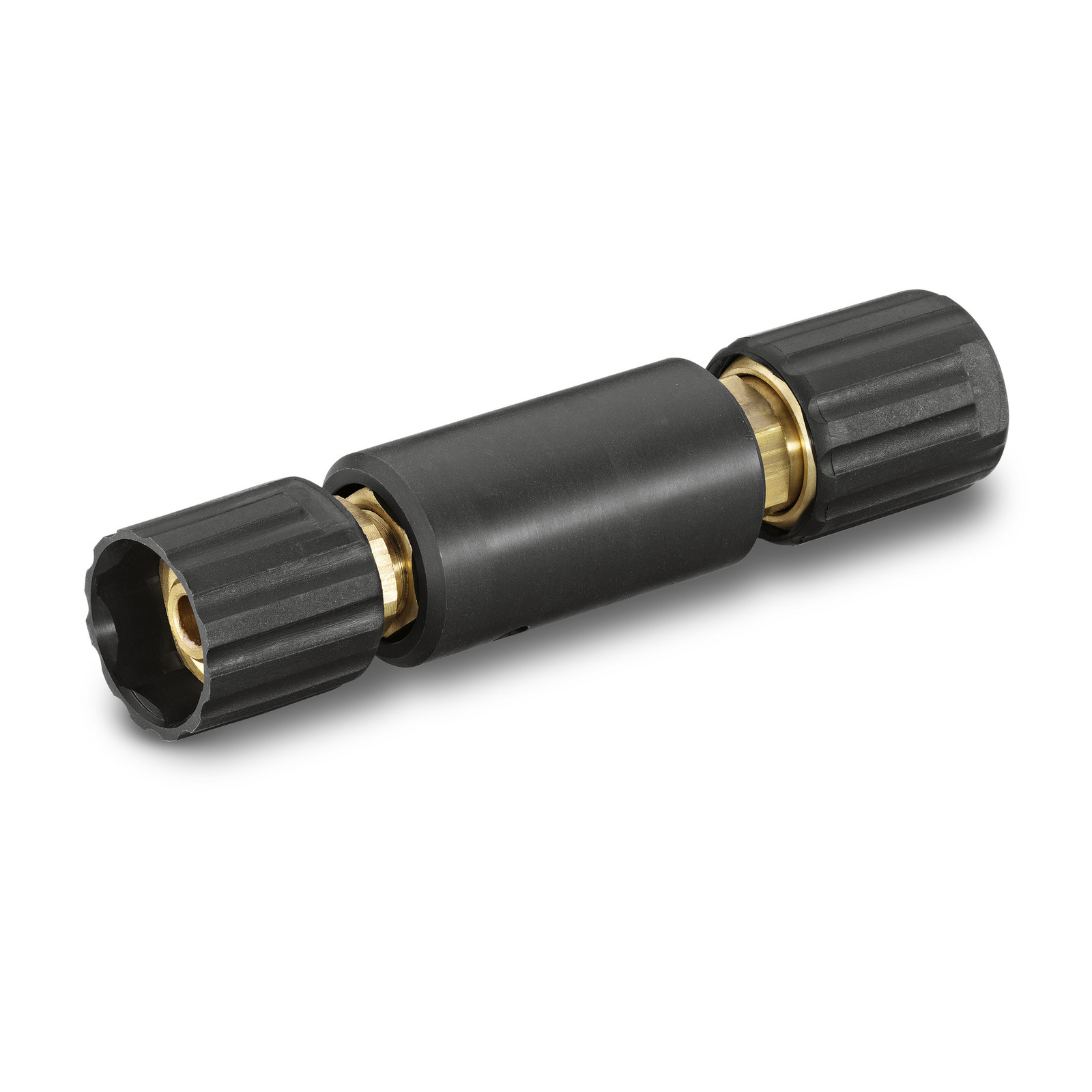 Kärcher high-pressure cleaner connector with black plastic and brass fittings, cylindrical shape, isolated on white background. Kärcher high-pressure cleaner connector with black plastic and brass fittings, cylindrical shape, isolated on white background.