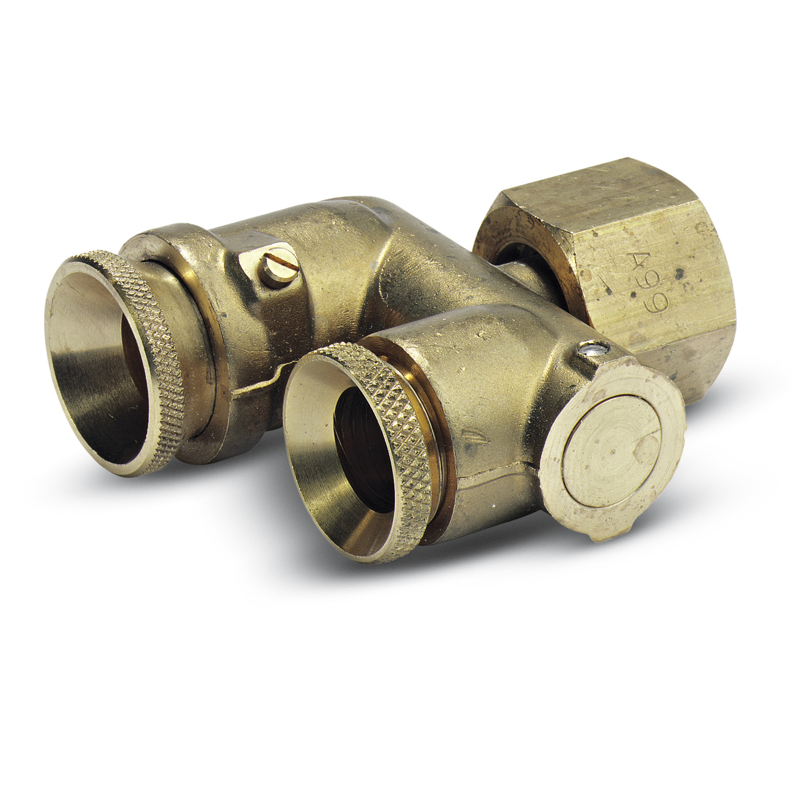Brass elbow connector with textured grips and hexagonal nut, featuring a screw detail on a white background.