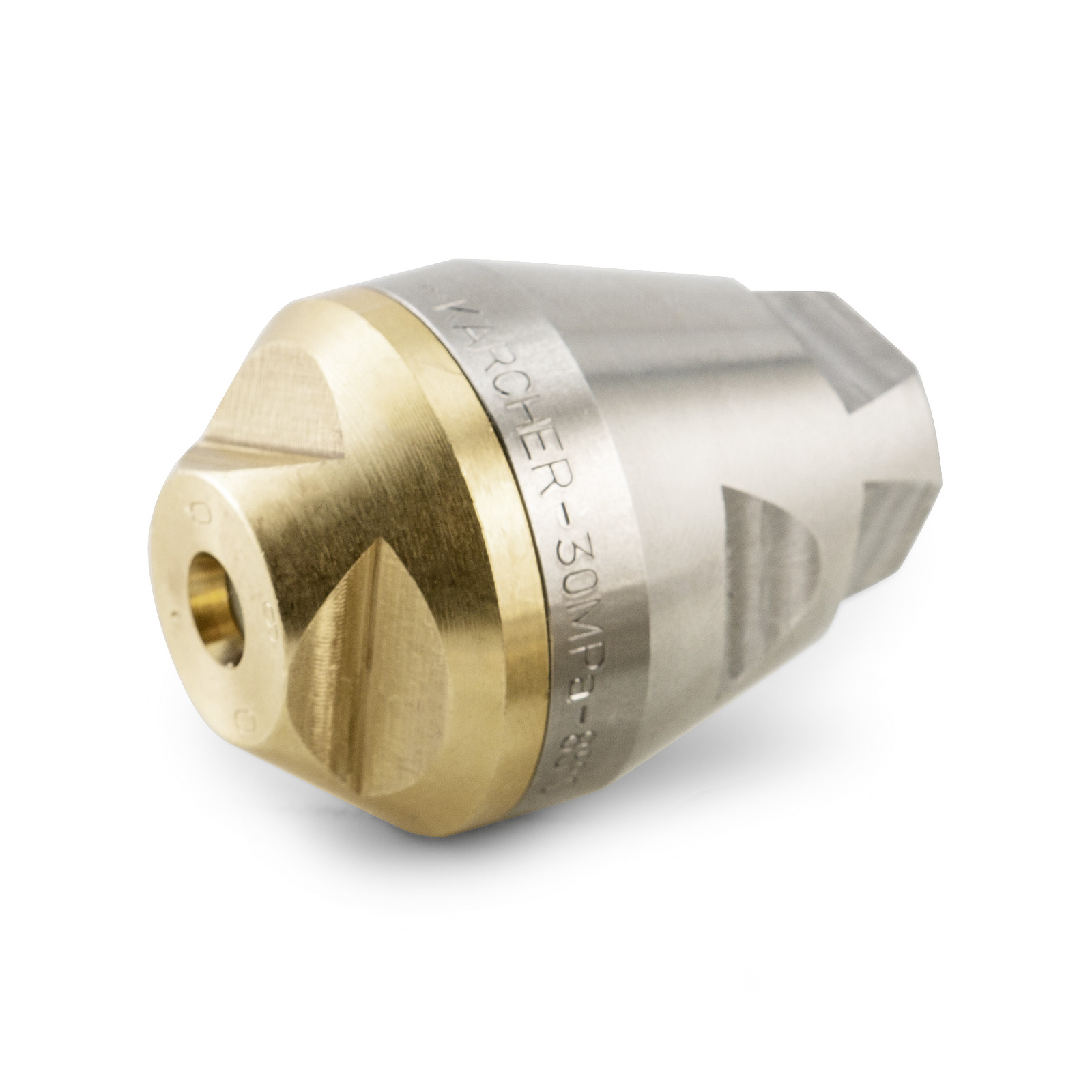 Kärcher high-pressure cleaner nozzle with brass and steel finish, featuring engraved markings.
