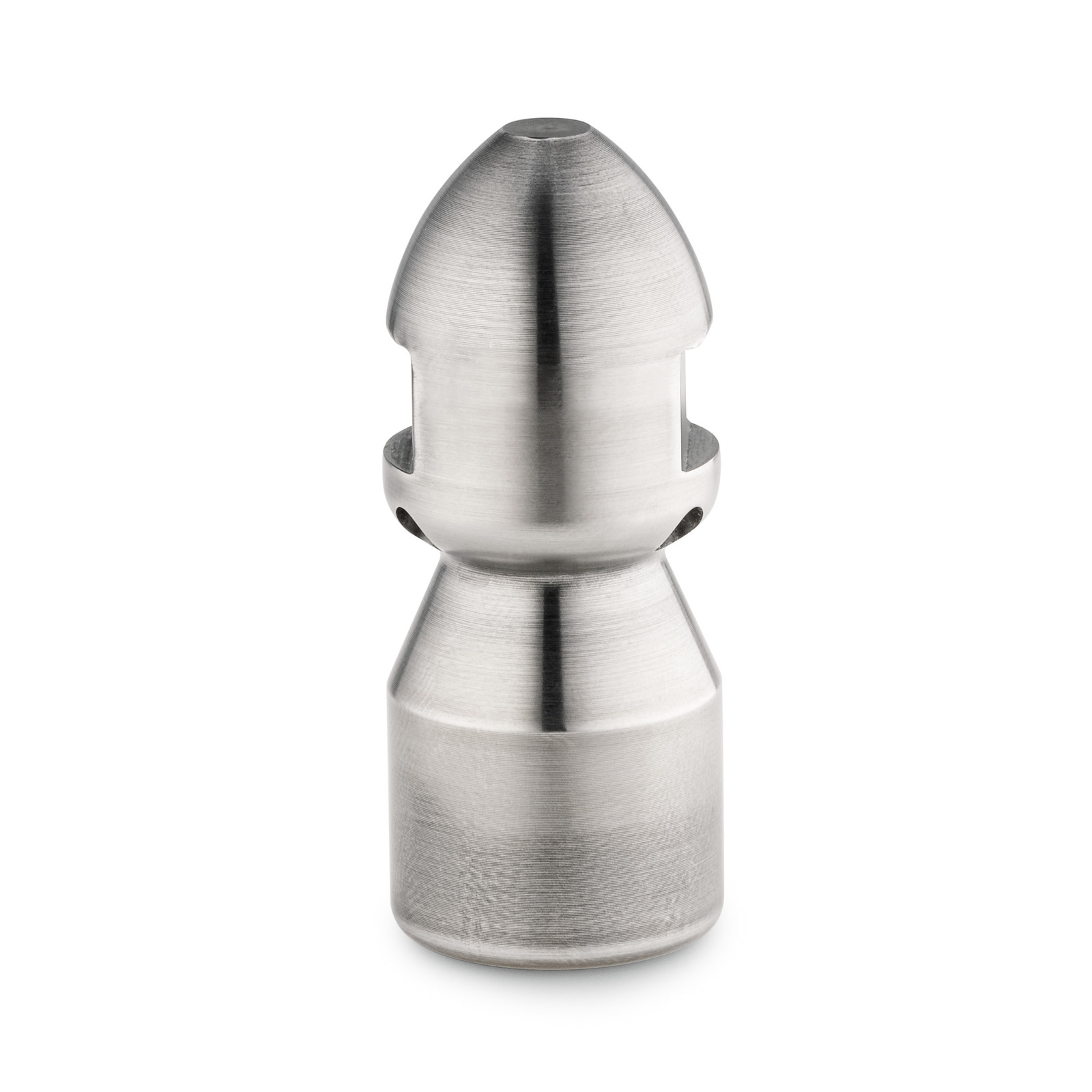 Metal nozzle with a conical top and cylindrical base, featuring a smooth, brushed finish against a white background.