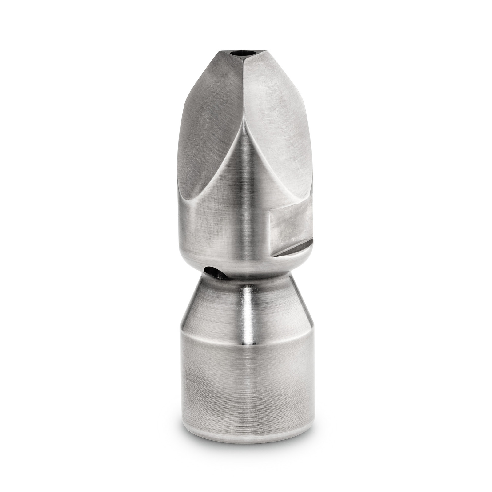 Stainless steel nozzle with a conical top and cylindrical base, featuring a small side opening.