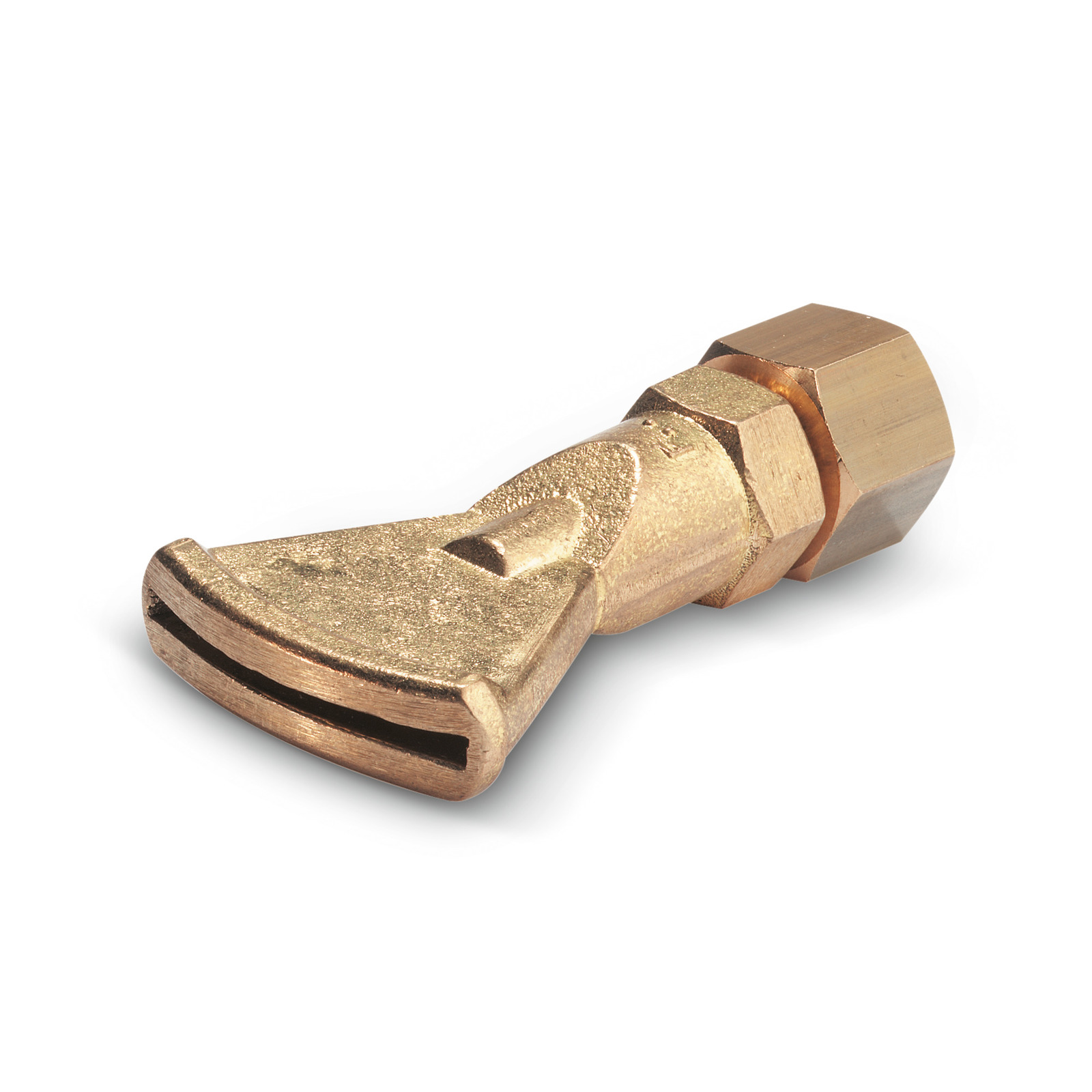 Brass nozzle with a flat, wide opening and hexagonal connector, designed for high-pressure cleaning applications.