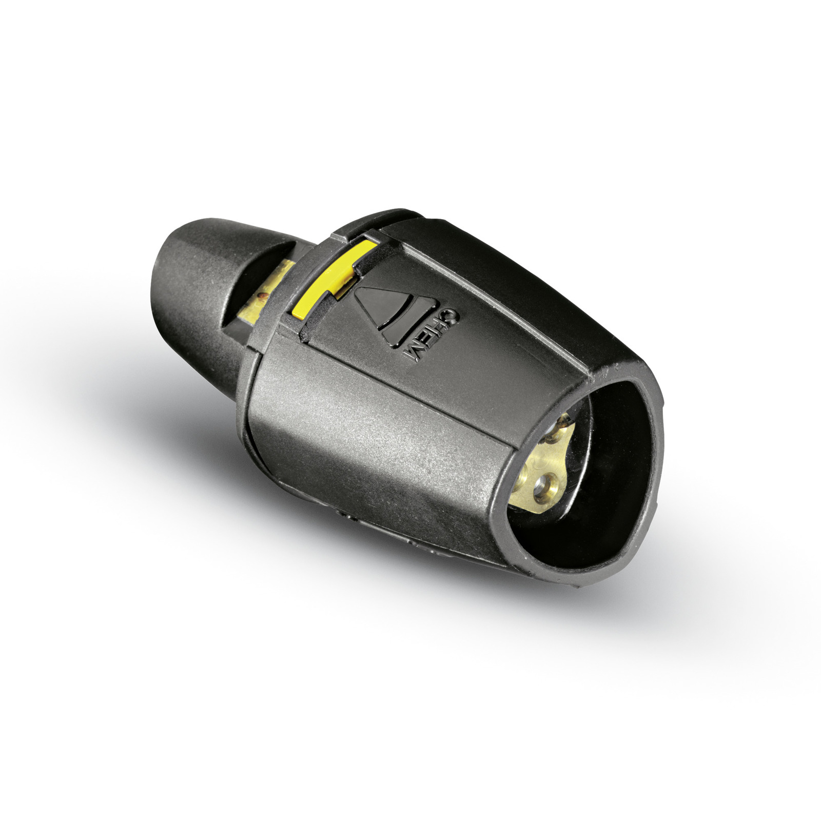 Black Kärcher spray nozzle with yellow accent, featuring a conical shape and visible internal metal components. Black Kärcher spray nozzle with yellow accent, featuring a conical shape and visible internal metal components.