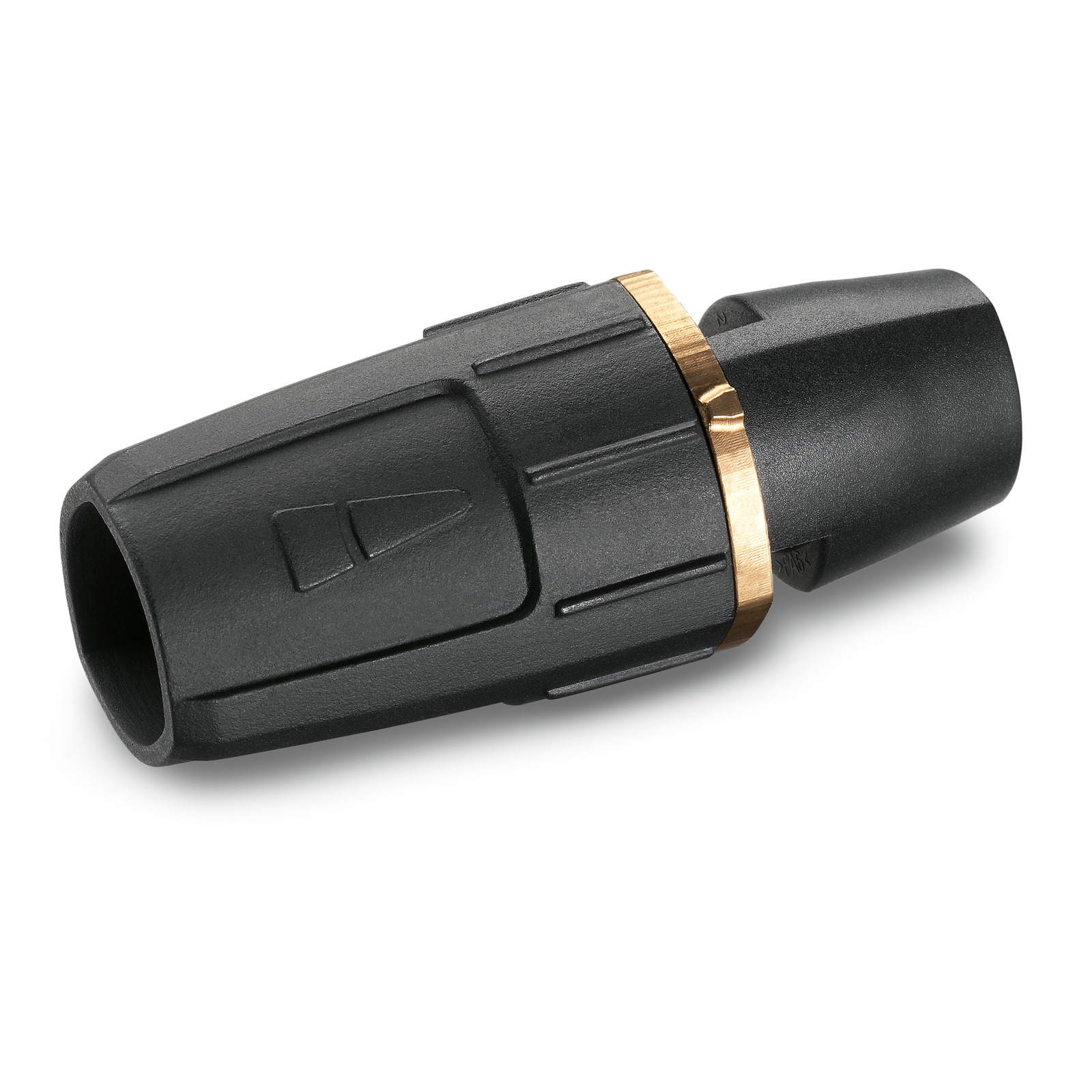Kärcher high-pressure cleaner nozzle with black and gold detailing, isolated on a white background. Kärcher high-pressure cleaner nozzle with black and gold detailing, isolated on a white background.
