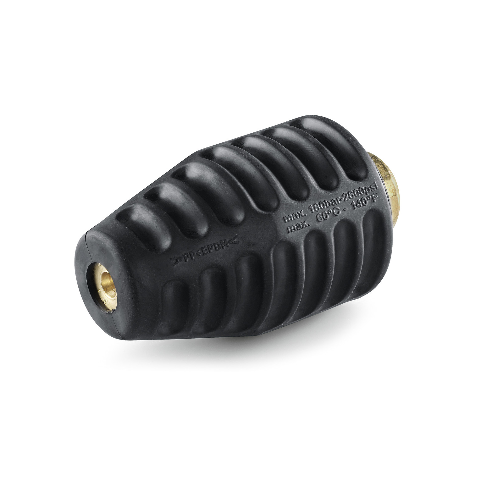Black Kärcher high-pressure cleaner nozzle with ribbed texture and brass connector. Black Kärcher high-pressure cleaner nozzle with ribbed texture and brass connector.
