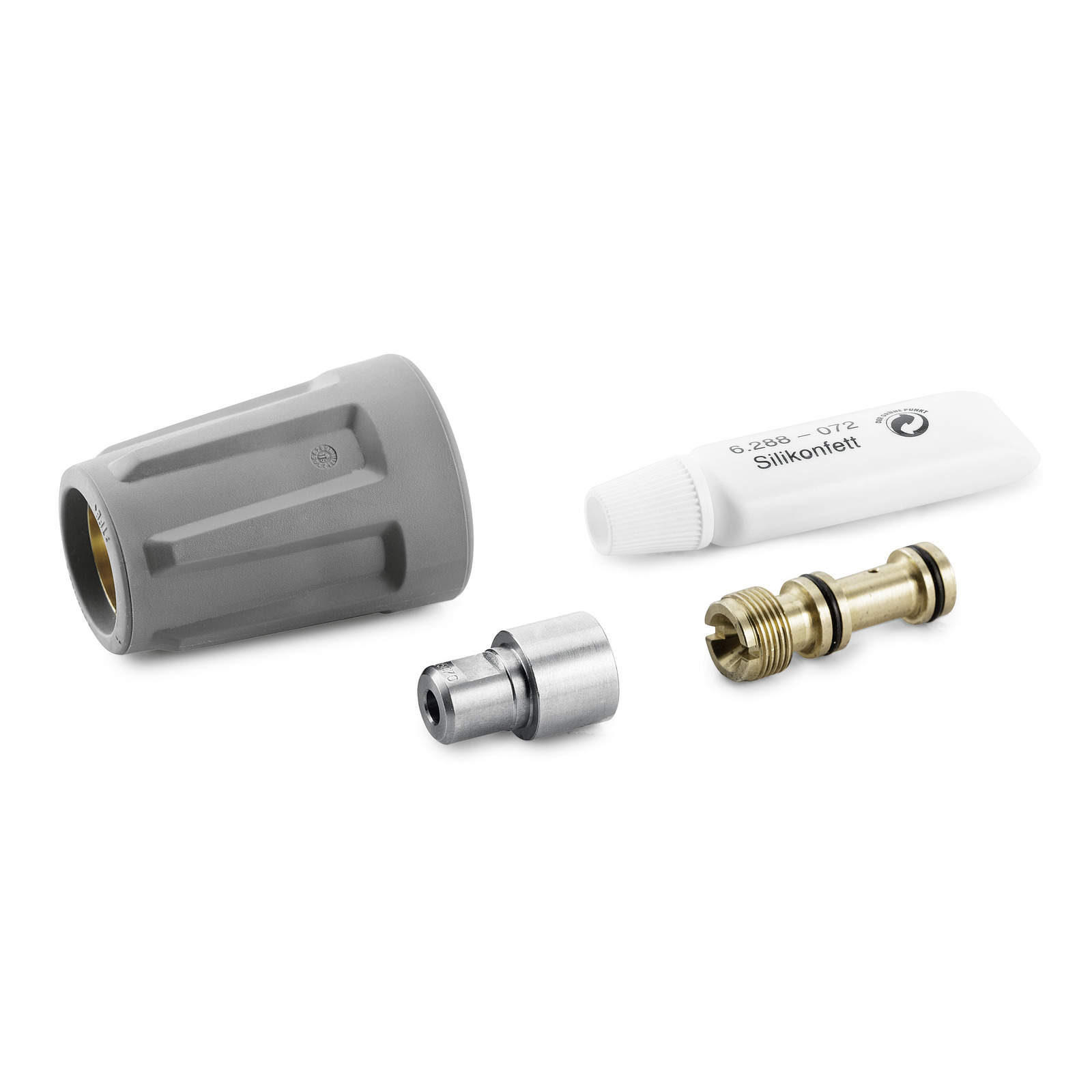 Grey Kärcher nozzle, metal adapter, brass connector, and silicone grease tube on white background.