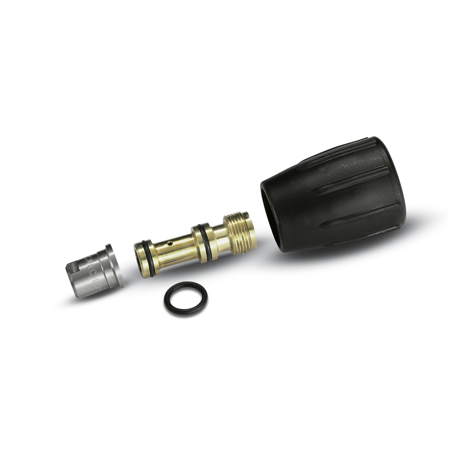 Kärcher high-pressure cleaner nozzle with brass connector and black rubber grip, disassembled with a rubber O-ring.