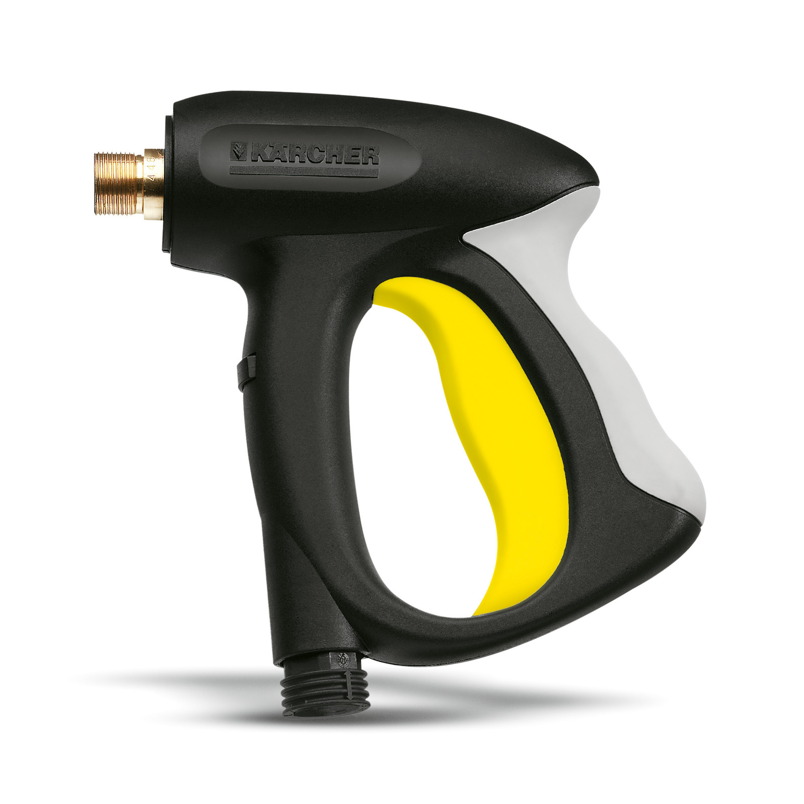 Kärcher high-pressure cleaner trigger gun with black, yellow, and grey handle. Kärcher high-pressure cleaner trigger gun with black, yellow, and grey handle.