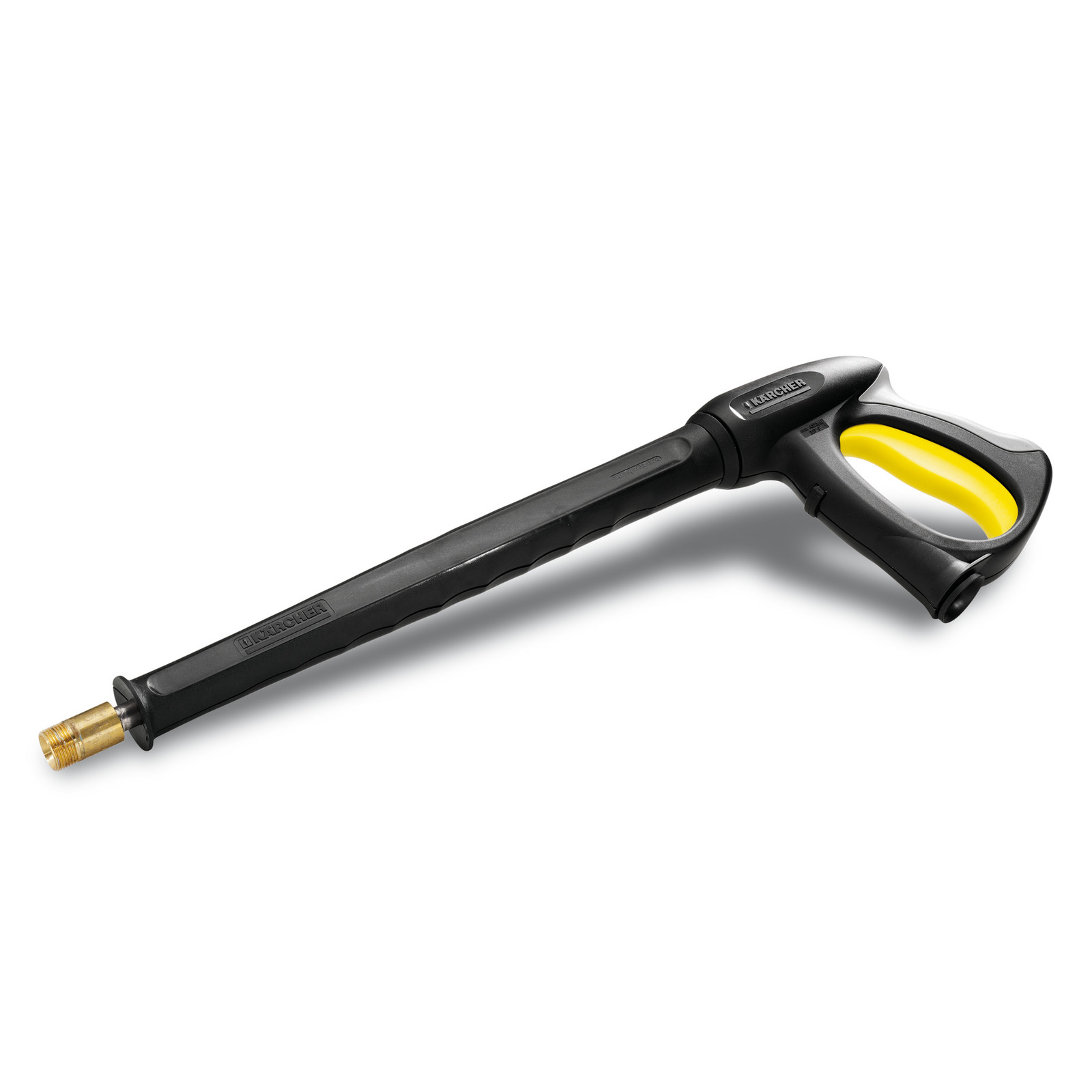 Kärcher high-pressure cleaner trigger gun with black body and yellow grip, isolated on white background.